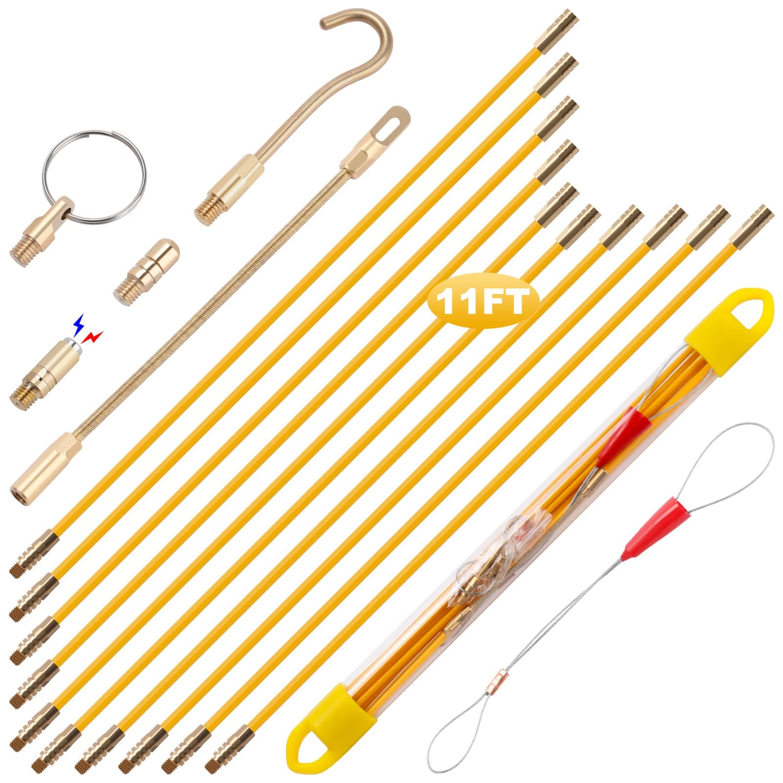 11' Fiberglass Running Electrical Wire Cable Pulling Fish Tape Kit with 5 Different Attachments and Fish Tape Tool in a Carrying Case