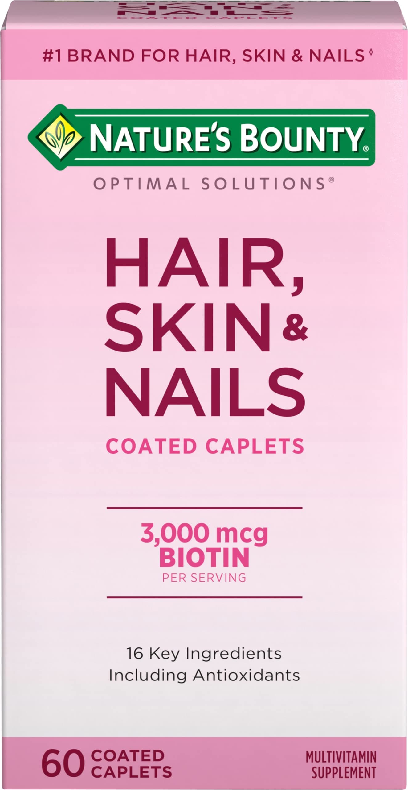 Optimal Solutions Hair, Skin & Nails Formula, with 3,000 mcg Biotin, 60 Coated Caplets, 20 Total Servings