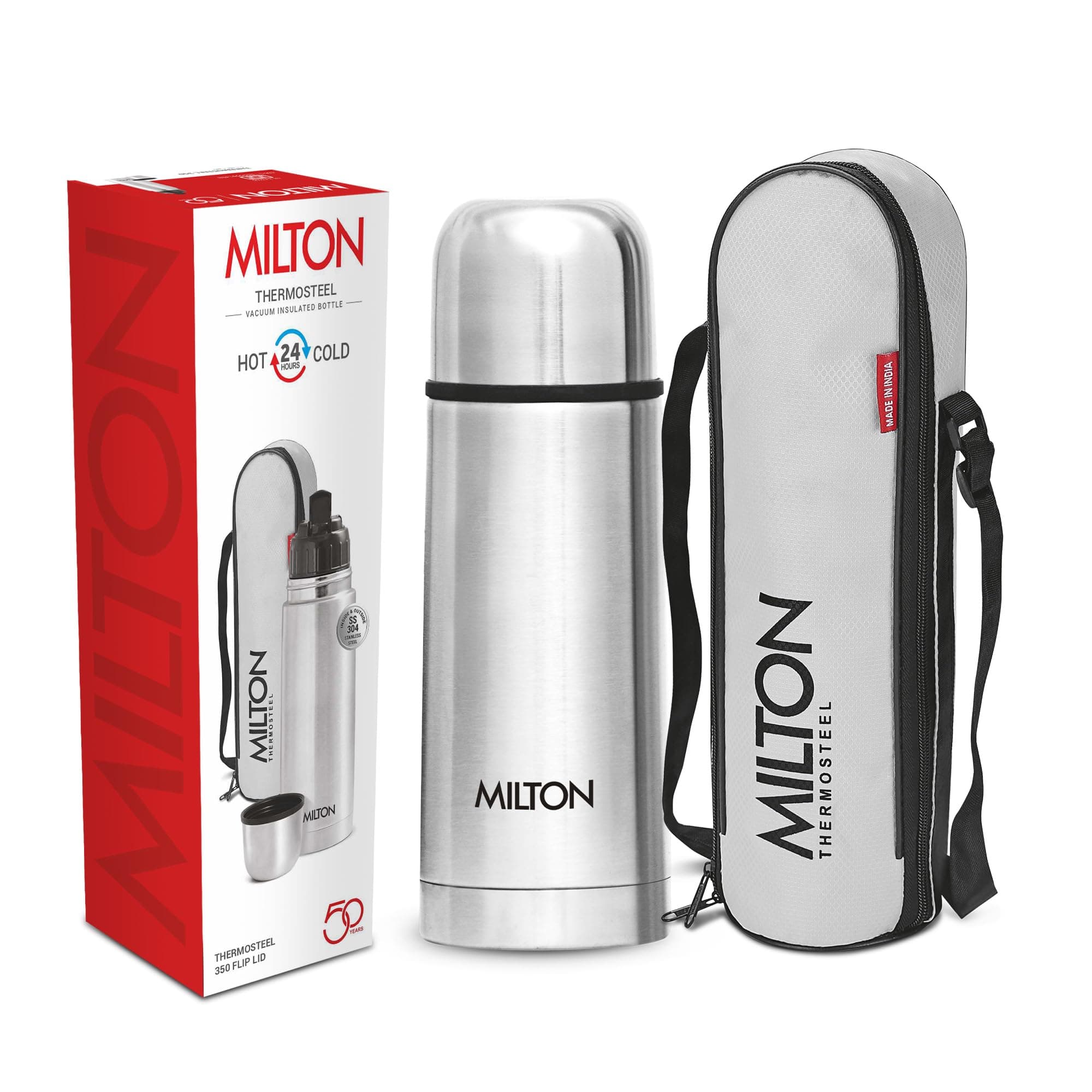 Milton Flip Lid 350 Thermosteel Water Bottle 350 ml, 24 Hr Hot and Cold I Leak Proof Lid with Jacket, ISI Certified I Vacuum Insulated I for Office, Gym, School I Silver