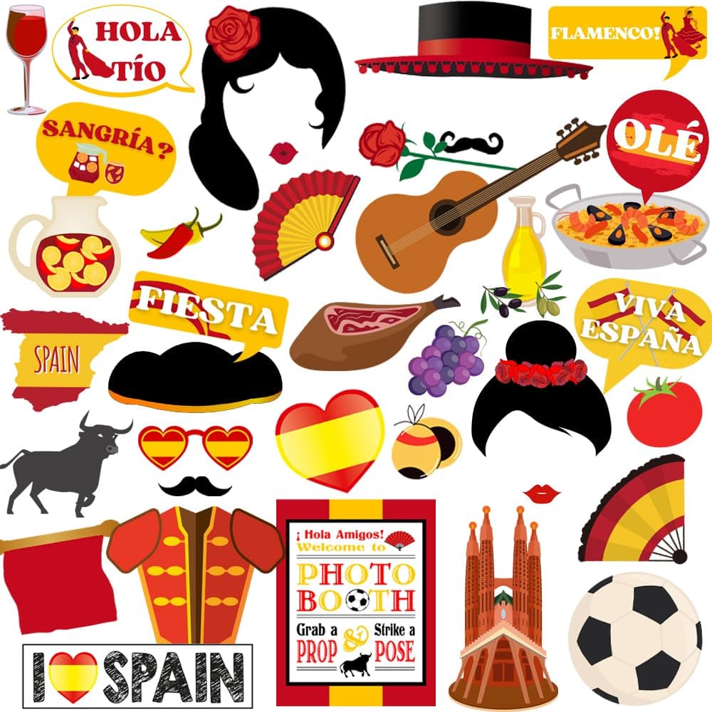 Spain Photo Booth Props, 37pcs Spanish Photo Booth Props, Htabiol Spanish Party Decorations, Spain Decorations for Birthday, Suit for Flamenco Party, Flamenco Theme Birthday, Fiesta España