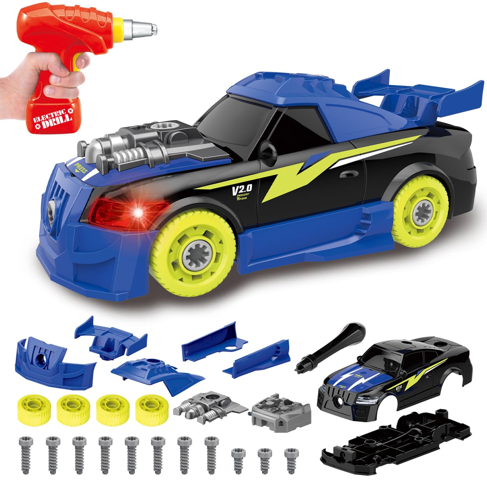 Pup Go Take Apart Toy Racing Car for Boys Age 3+, Ideal for Kids, 2 in 1 Build Your Own Car Kit with Toy Drill & Power Tools, Construction Toys, Kids Building Toys with 4 Spare Screws