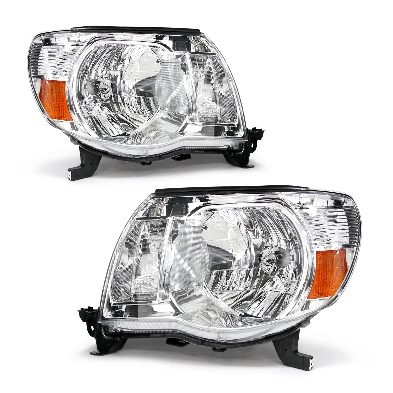 Headlights assembly Compatible with 2005 2006 2007 2008 2009 2010 2011 Toyota Tacoma Pickup Truck Headlights Chrome Housing Amber Reflector Driver and Passenger Side(W/O Bulbs)