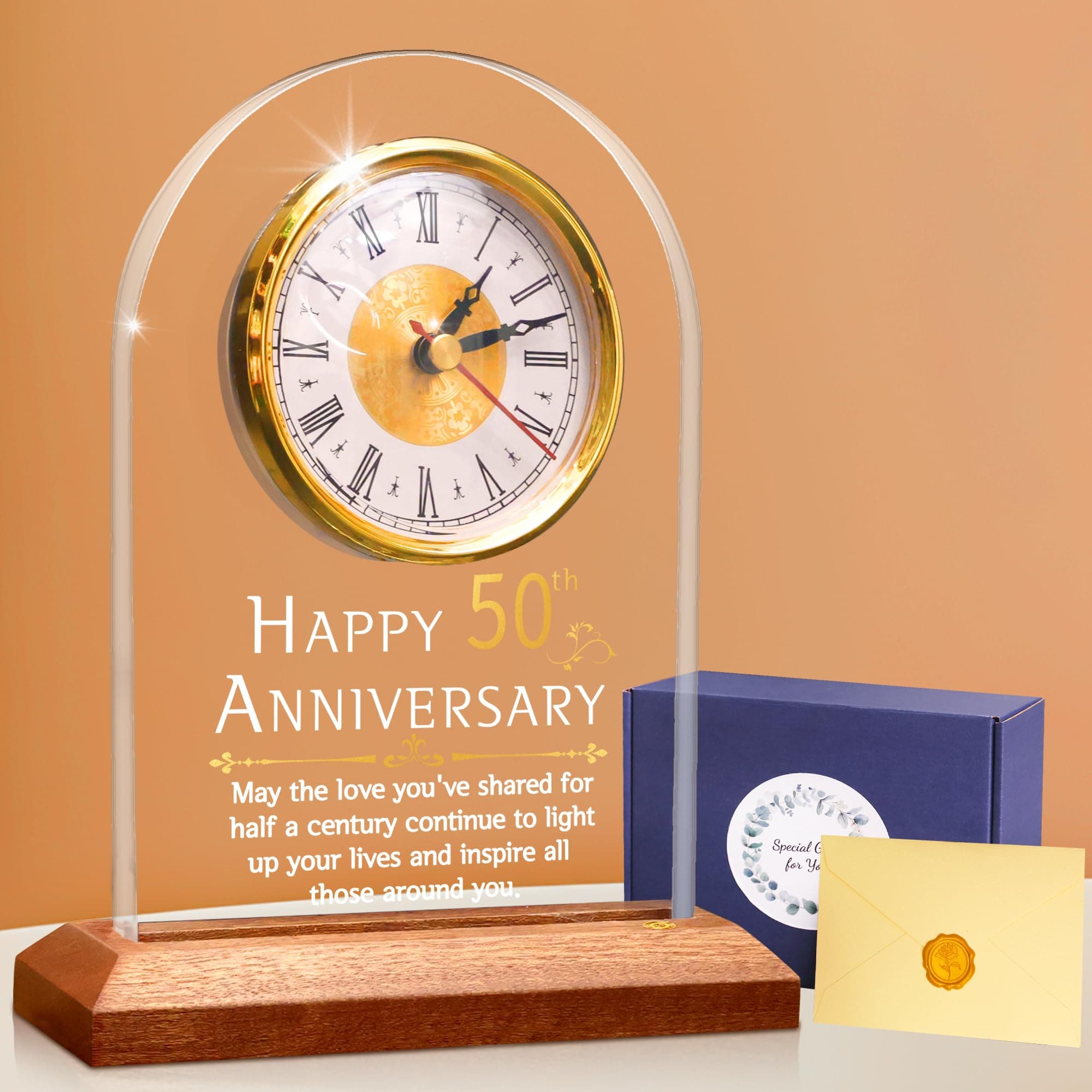 FULLOSUN 50th Anniversary Wedding Gift, Desk Table Clock, Anniversary Quartz Clock, 50 Years of Marriage, Golden Wedding for Couple, Parents, Grandparents (50th)