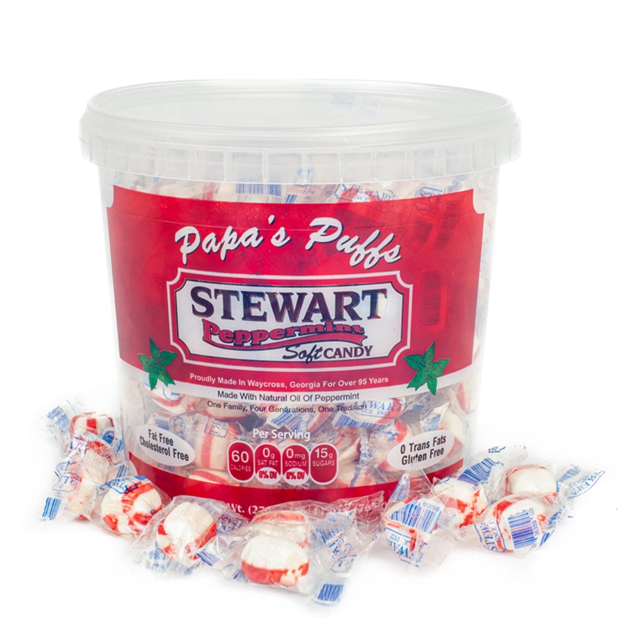 Stewart Old Fashioned Peppermint Candy Puffs | Individually Wrapped Candy | Pure Cane Sugar Candy | Fat-Free, Cholesterol-Free, Gluten-Free | Classic Soft/Hard Texture, Made in USA - 21 oz Tub