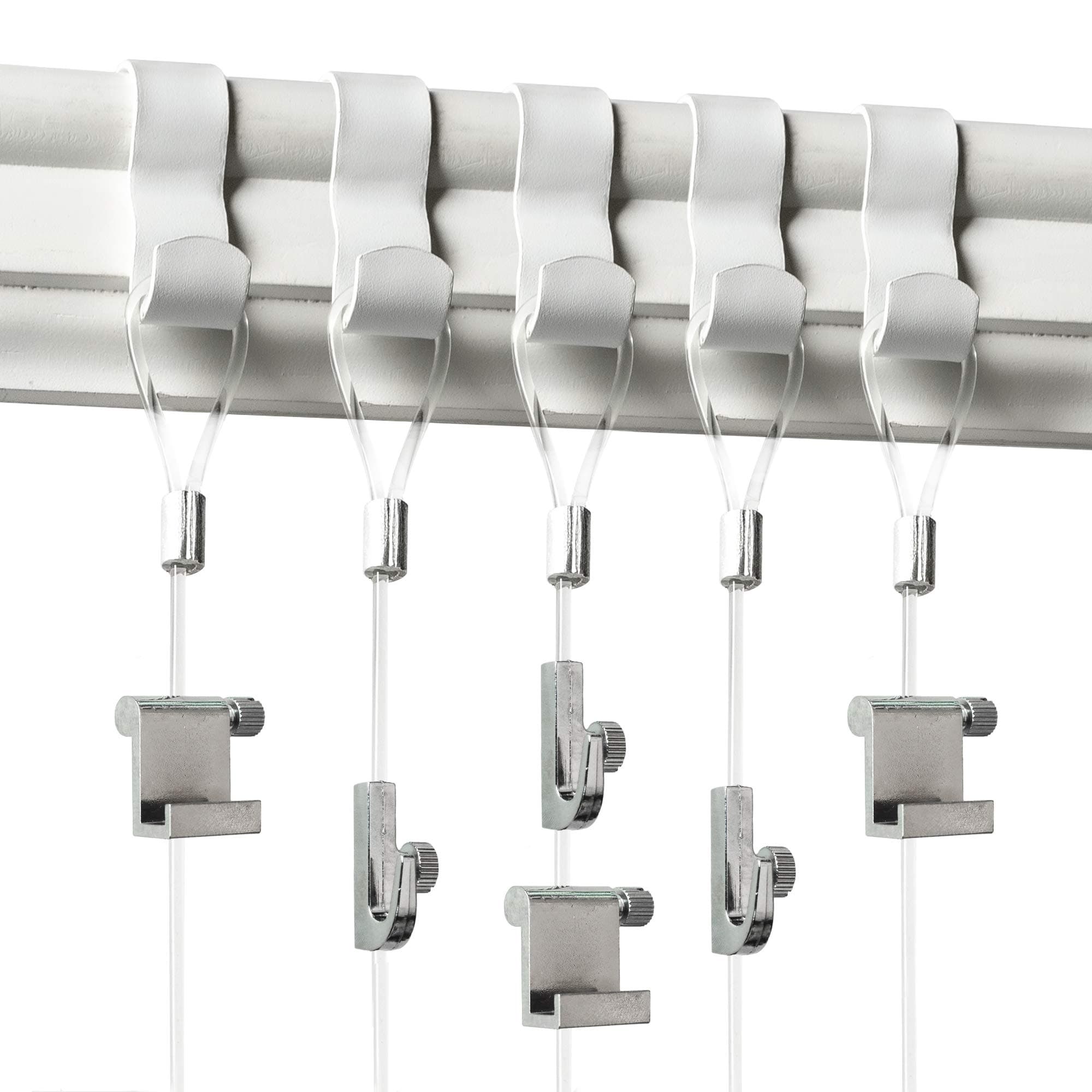 Picture Hang Solutions Rail Hanging System - 5 Pack - White Rail Hooks and Invisible Wire - Molding Hooks for Hanging - Gallery Hanging System Includes Rail Hook, Nylon Cord, Adjustable Hooks