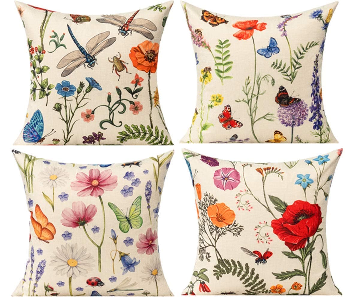 All Smiles Outdoor Patio Throw Pillow Covers 18x18 Set of 4 Spring Summer Garden Flowers Farmhouse Décor Outside Furniture Bench Chair Decorative Cushion Cases for Swing Deep Seat Bed Couch Sofa