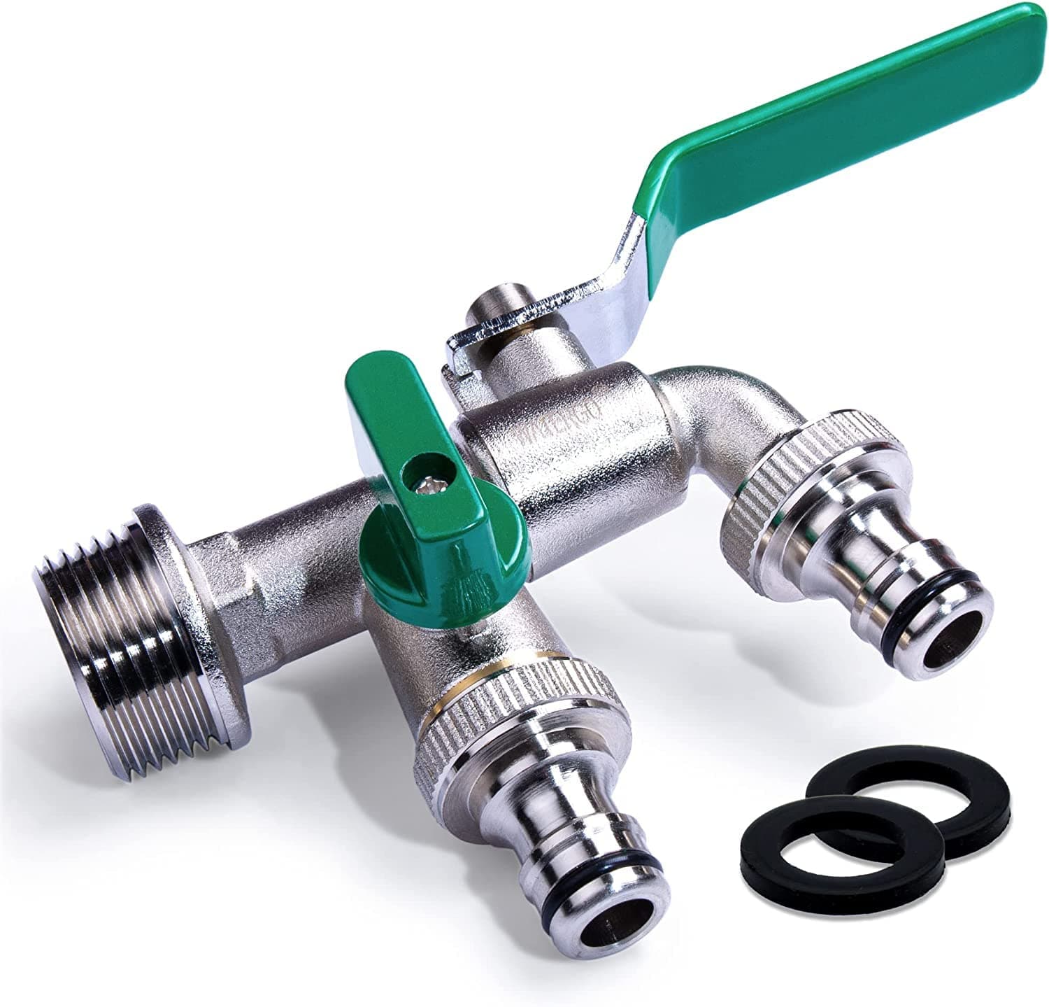 WaterGo 1/2 Inches Premium Double spout Valve, Frost Proof, Brass, incl. Hose Connection – Gardena Compatible, tap with Two outlets for Garden, Home and Industry, with Outlet Ball Valve for Indoor.
