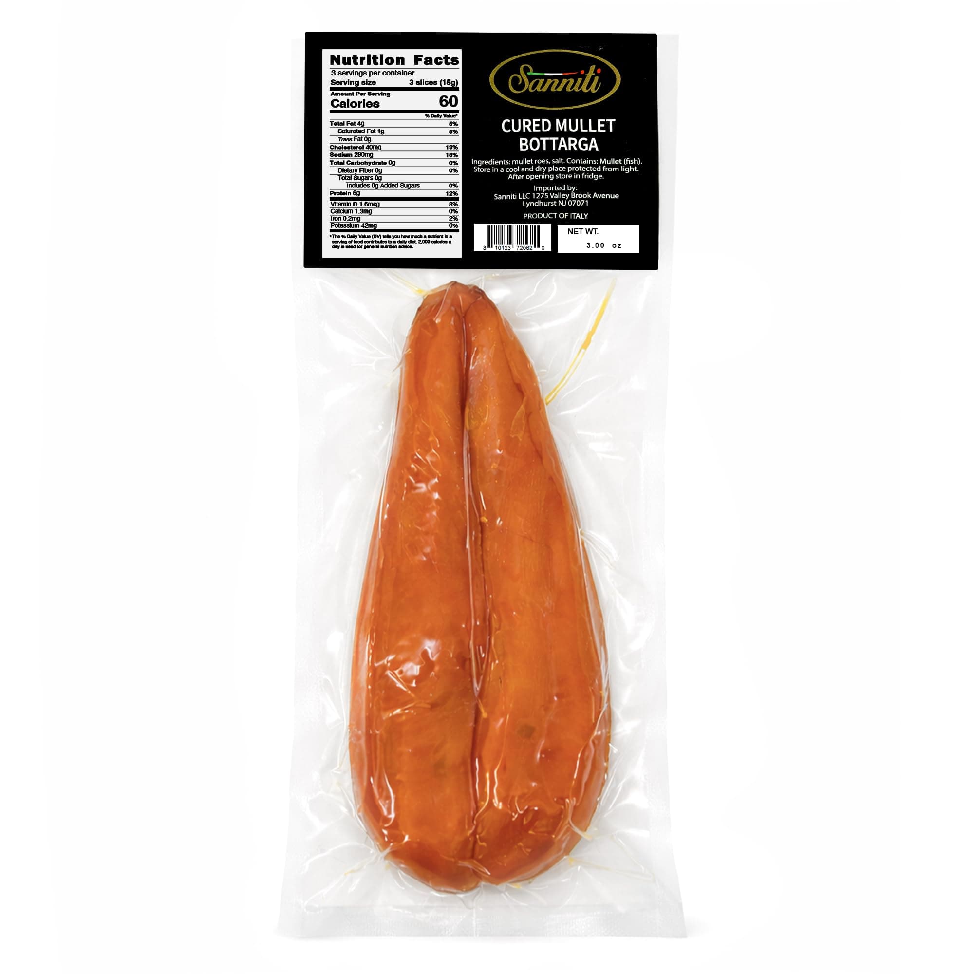 Sanniti Bottarga di Muggine Cured Mullet Roe, Units Weigh Between: 3.53-3.88oz