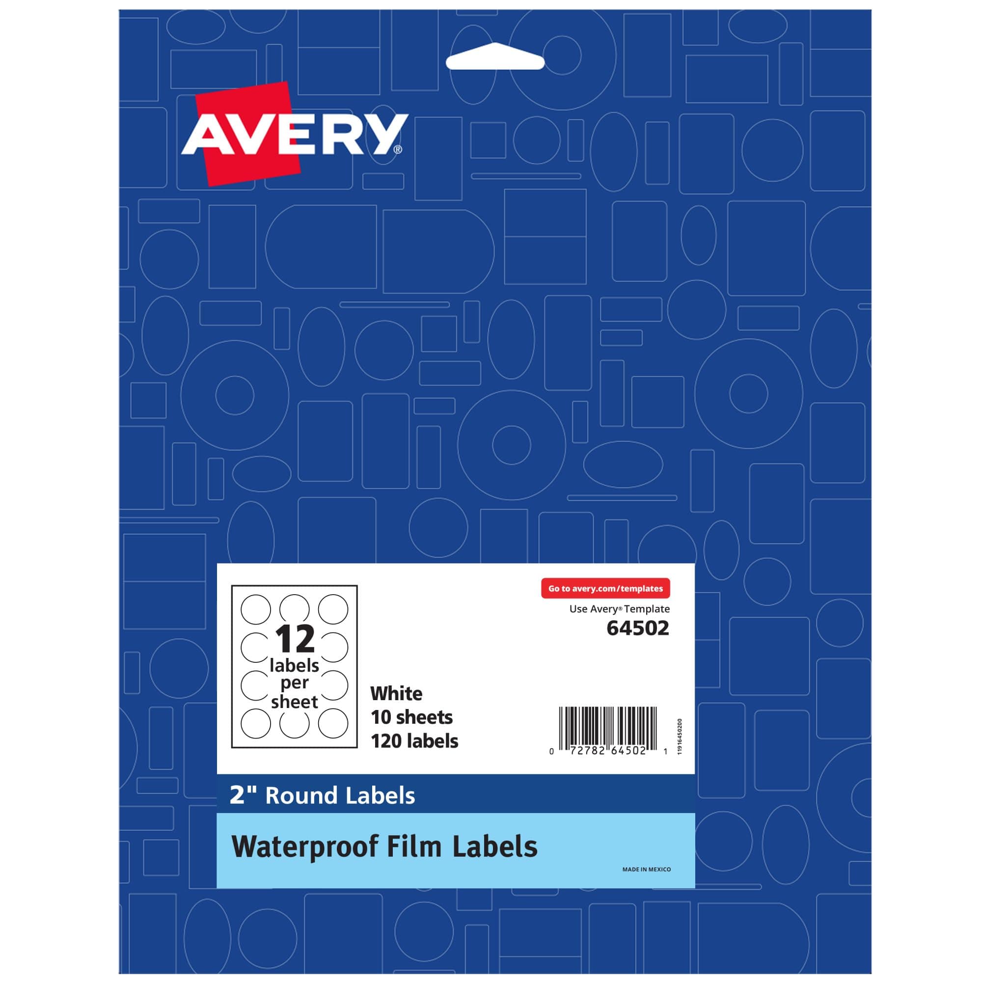 Avery Durable Waterproof with Sure Feed Technology, 2" Diameter, Matte White, Laser & Pigment-Inkjet, 120 Printable, Great for Food, Product and More (64502)