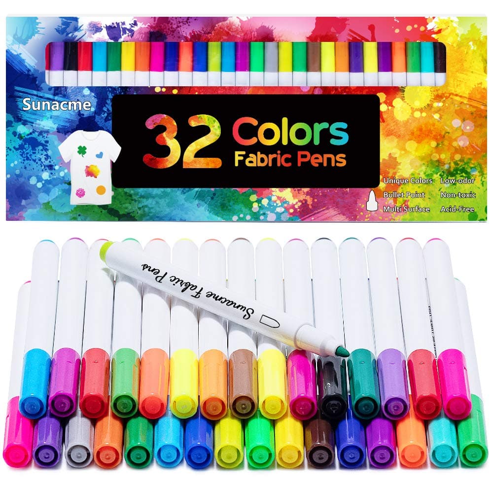 Fabric Markers Pen, 32 Colors Permanent Fabric Paint Pens for T-Shirt, Fine Tips Art Marker Set for Canvas Bags Hats Sneakers and Textiles