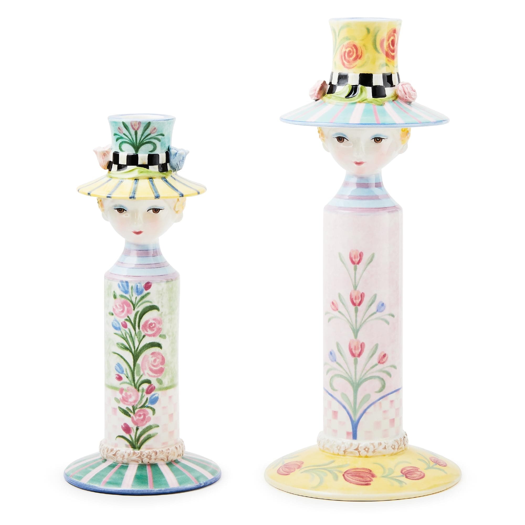 MACKENZIE-CHILDS Set of 2 Rosy Meadow Lady Ceramic Candle Holders, Candle-Holder Decor