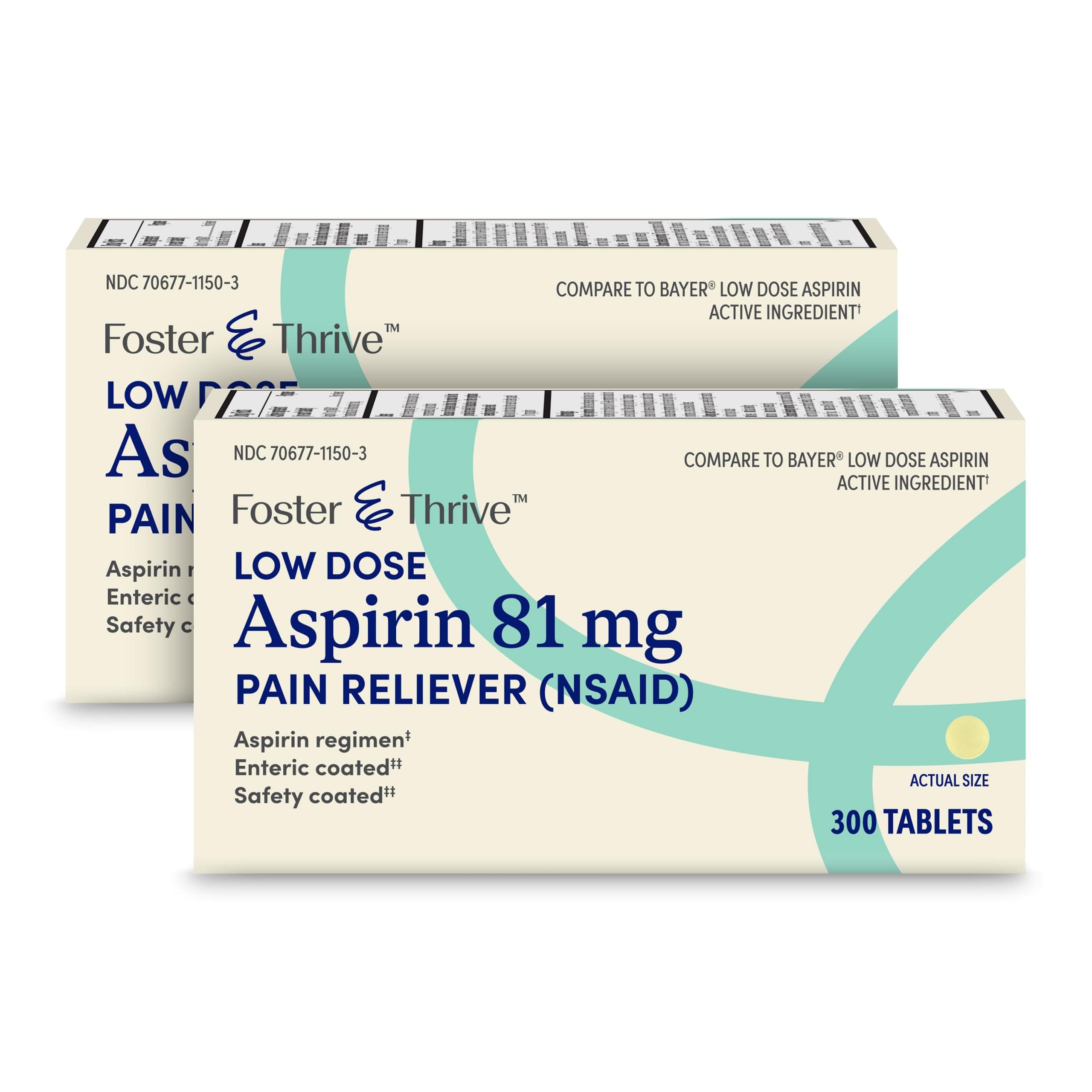 Foster & Thrive Aspirin Low Dose 81 mg, Enteric Coated Tablets, Doctor Recommended, Secondary Prevention of Cardiovascular Disease, 300 Coated Tablets (Pack of 2)