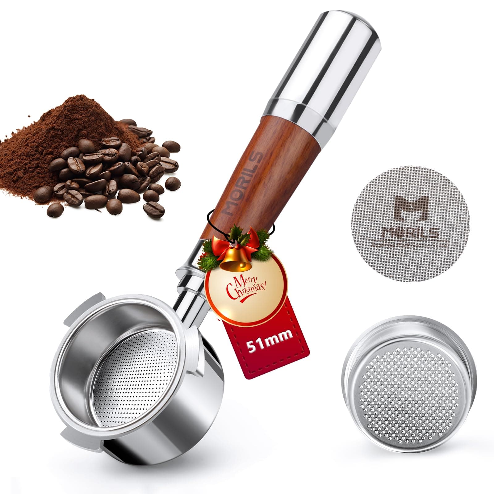 51mm Bottomless Portafilter For Delonghi Dedica EC680 and EC685 Machines, 3 Ears Espresso Portafilter with Puck Screen, Double Shot Filter Basket & Premium Walnutwood Handle