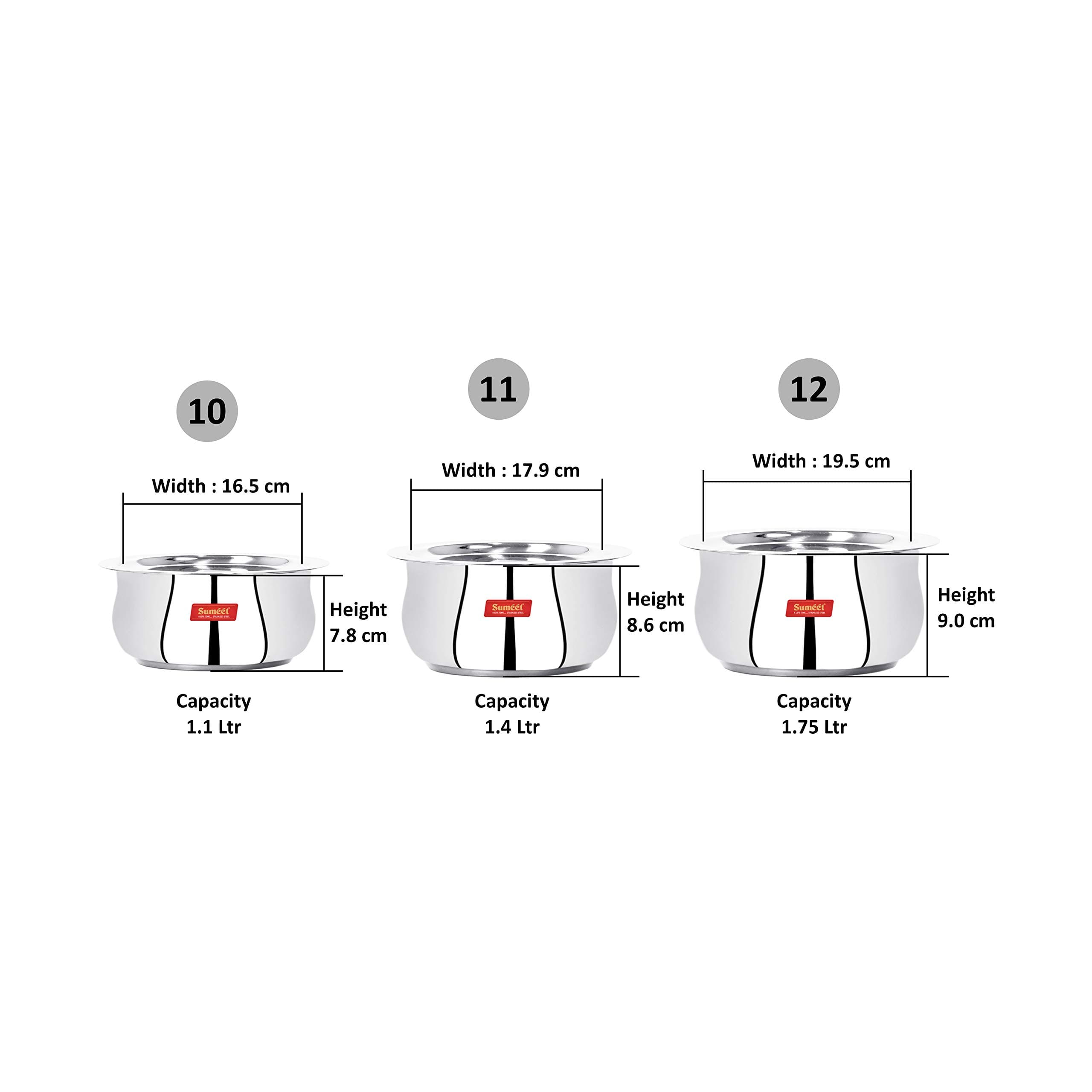 Sumeet Stainless Steel Induction & Gas Stove Berry Shape Containers Set of 3 with Lid Size #10 & No.12