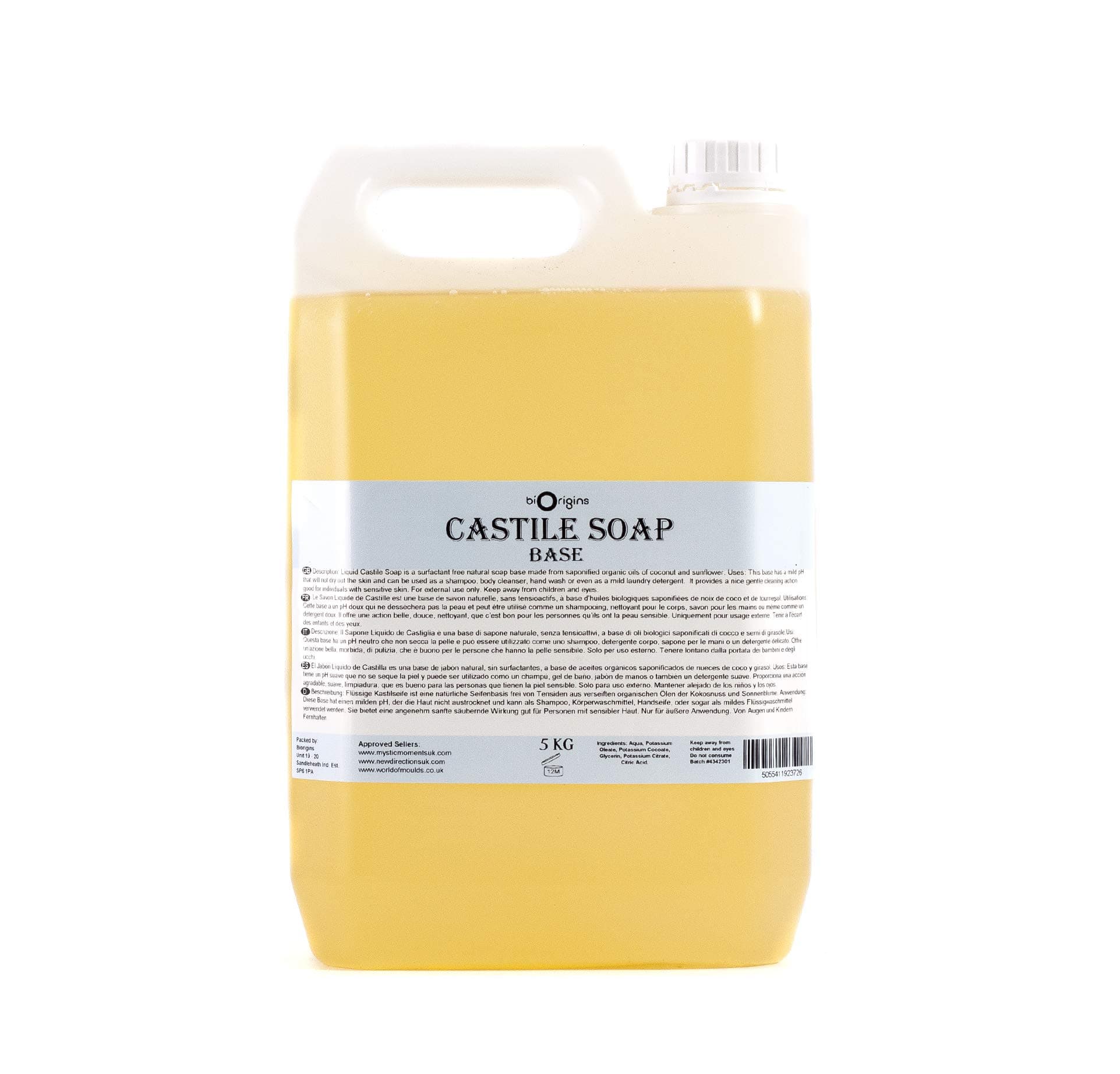 Castile Liquid Soap 5Kg | Natural Vegetable Soap Base from Coconut & Sunflower Oils | Gentle Cleanser for Body, Hair & Hands | Fragrance Free Customisable Formula