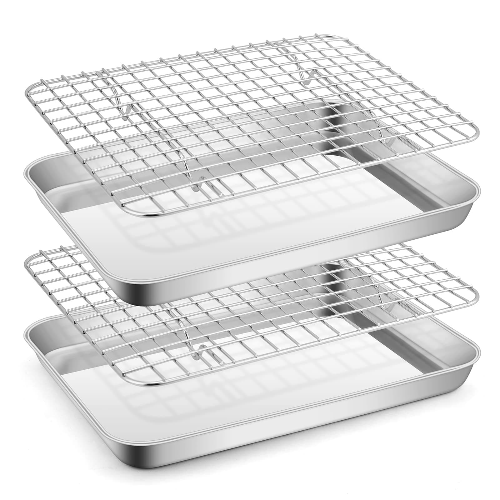 Small Stainless Steel Baking Sheet with Rack Set, E-far 9.4”x7.3” Cookie Sheet Broiling Pan for Toaster Oven, Rimmed Metal Tray with Wire Rack for Cooking/Baking/Cooling, Non-toxic & Dishwasher Safe