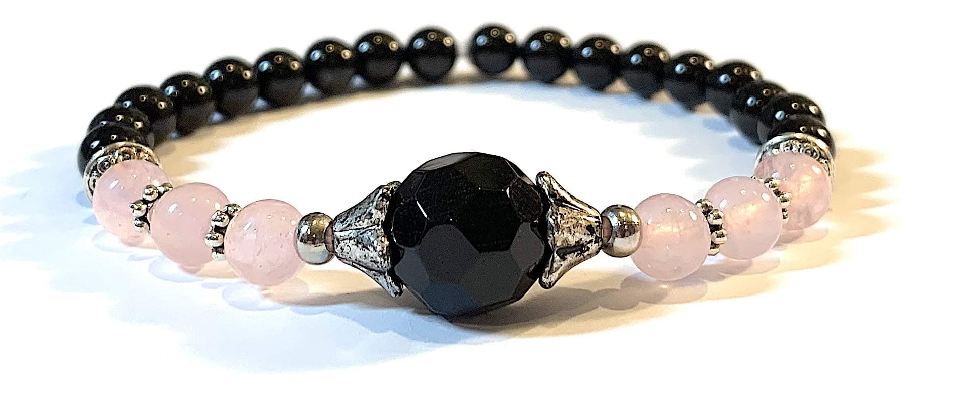 Medium Handmade Black Onyx, Rose Quartz and Black Tourmaline Healing Bracelet 7 Inches