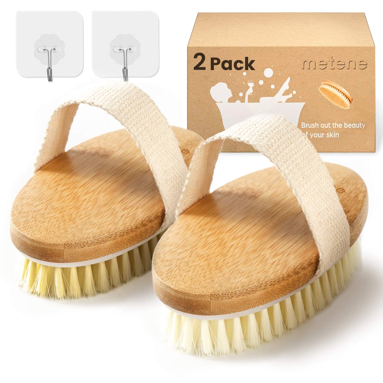 Metene Dry Brush, 2 Pack Brushing Body Brush With Soft And Stiff Natural Bristles, Exfoliating Scrub For Cellulite Lymphatic, Improve Your Circulation, Mass