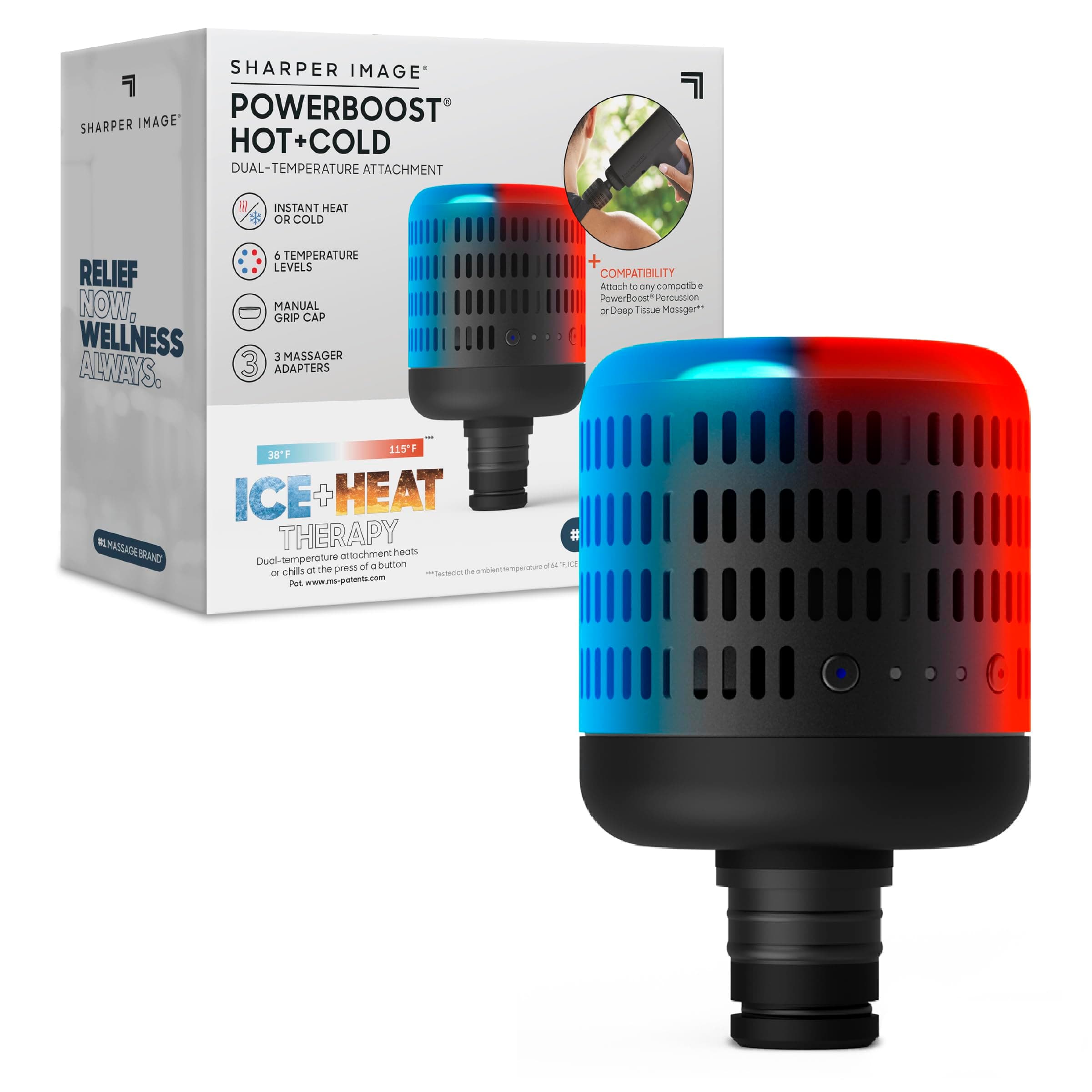 Powerboost Hot + Cold Dual-Temperature Massage Gun Attachment - Instant Heat & Cold, 6 Temperature Levels, Compatible with Powerboost Massage Guns, Black