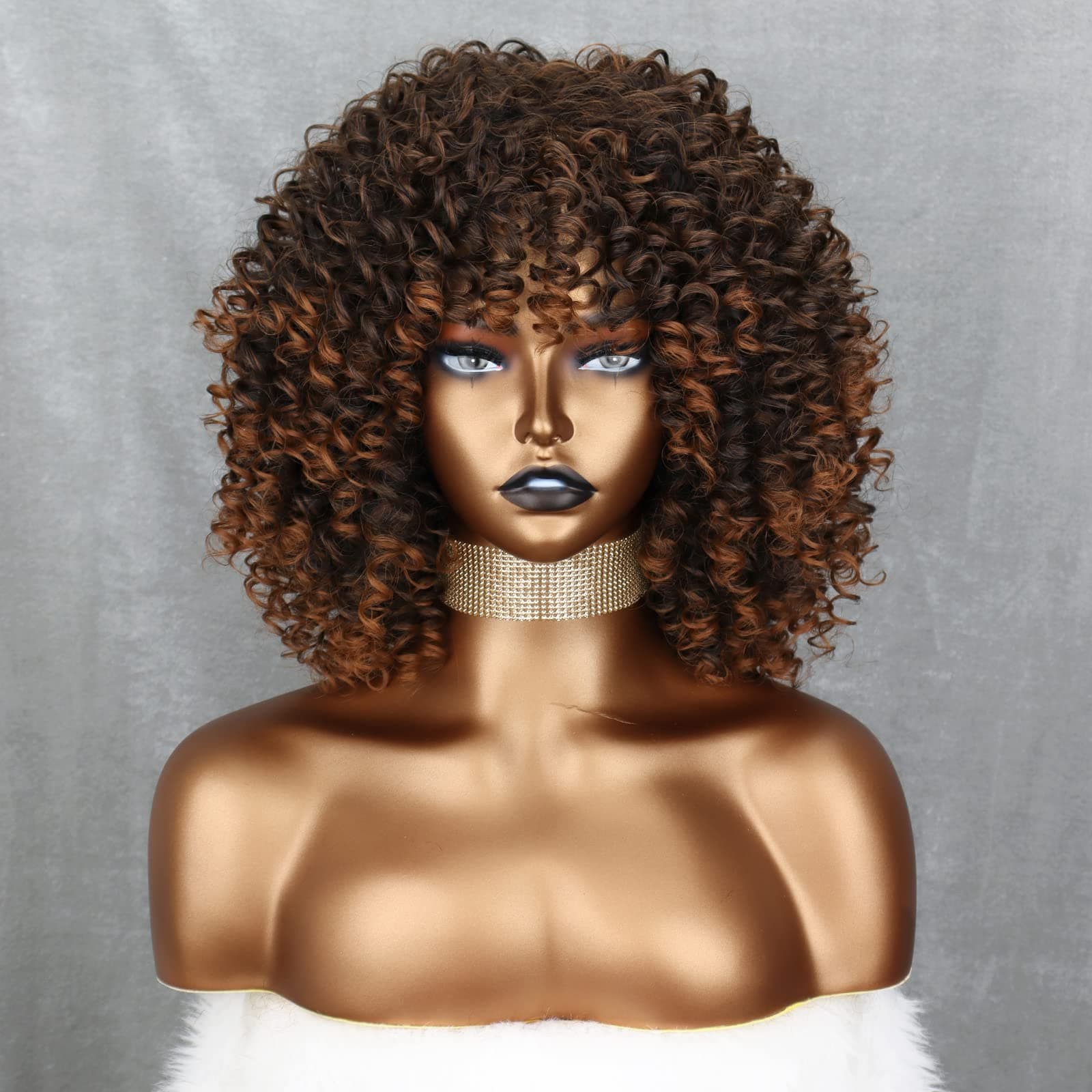 Xinran Omber Brown Kinky Curly Wig for Black Women, Short Curly Afro Wigs with Bangs, Synthetic African American Full Hair Wig 14 inch
