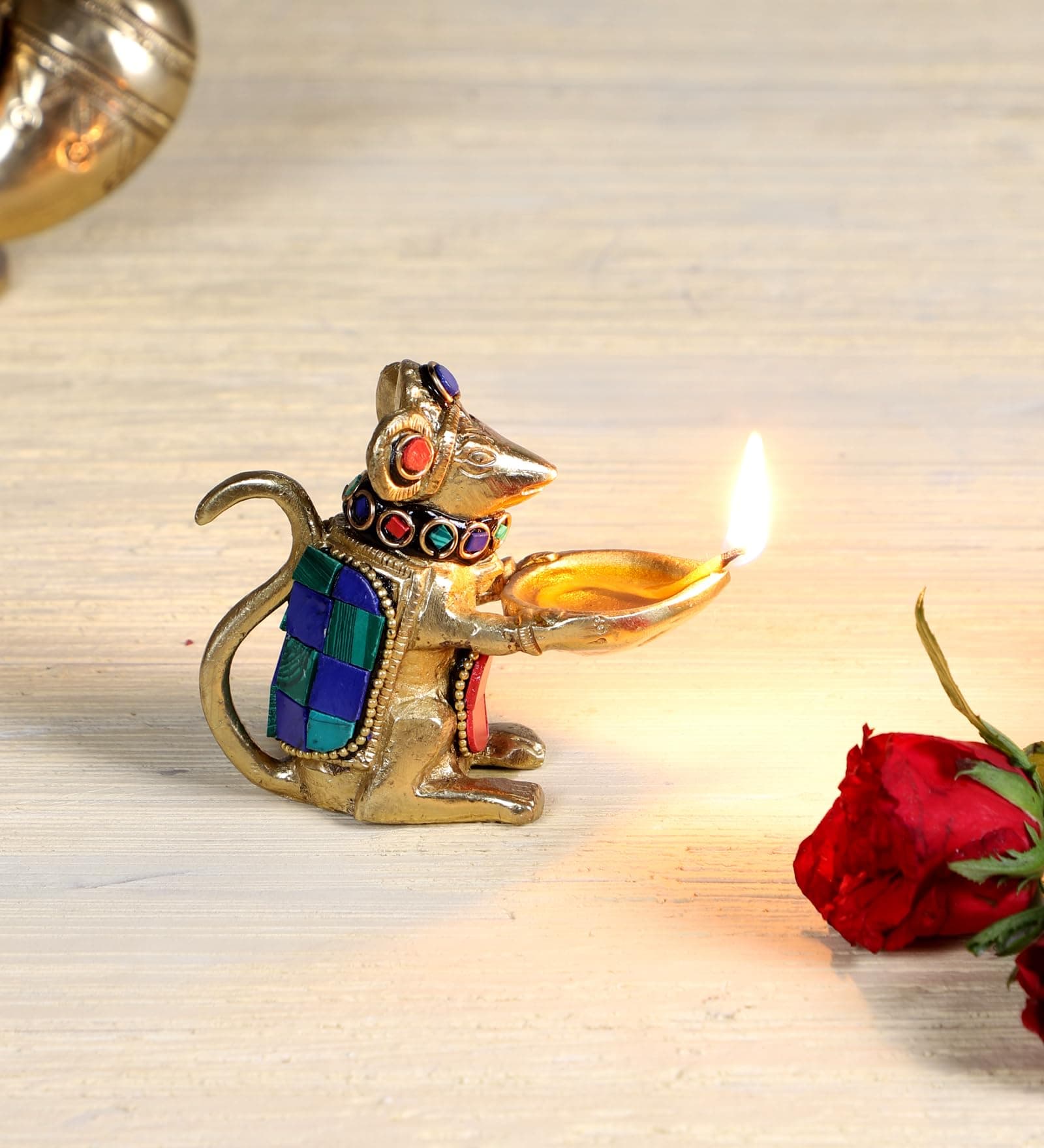 Two Moustaches Gemstone Work Brass Ganesha Mouse Holding Oil Lamp Diya, Standard, Pack of 1