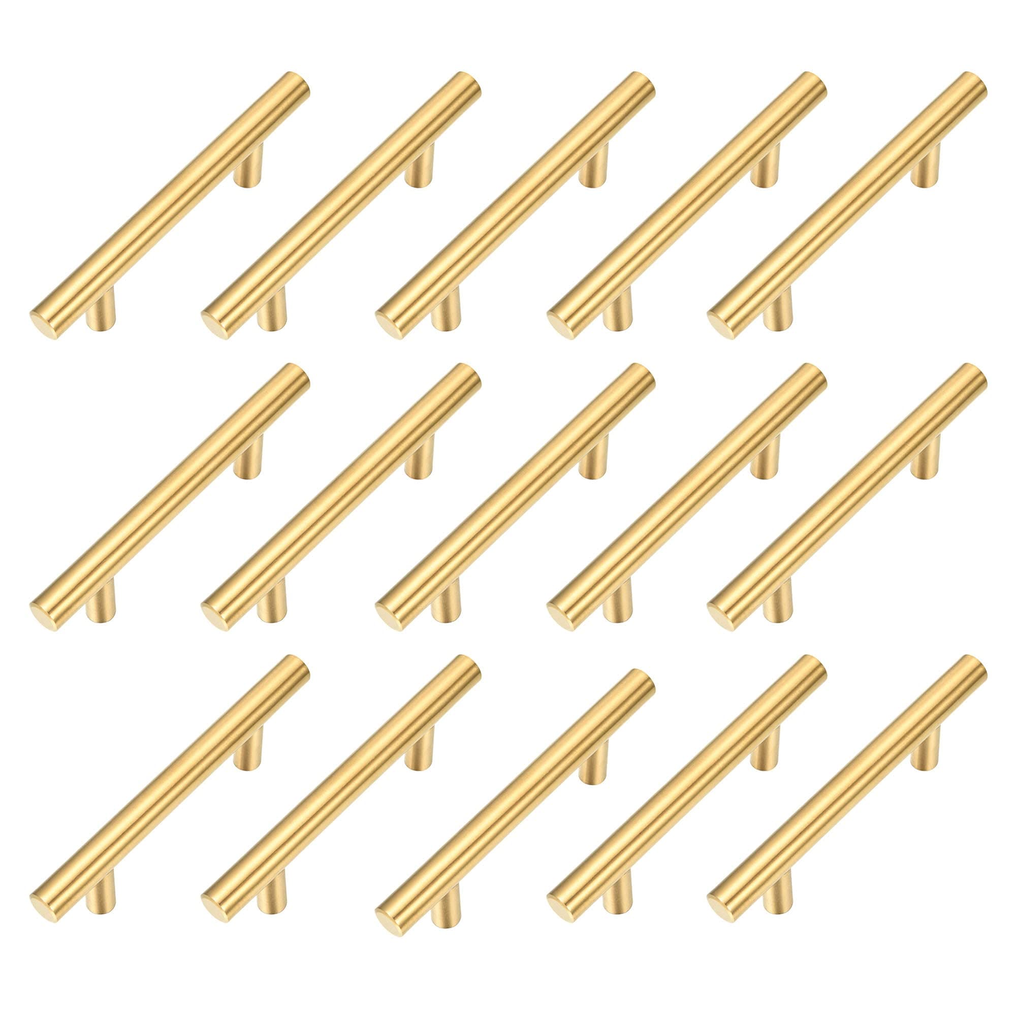 15 Pack Brushed Gold Cabinet Pulls Stainless Steel T Bar Pull Handles Modern Euro Tube Kitchen Cupboard Knobs Hardware for Closet Drawer Door Wardrobe (Overall Length 5", Hole Center 3")
