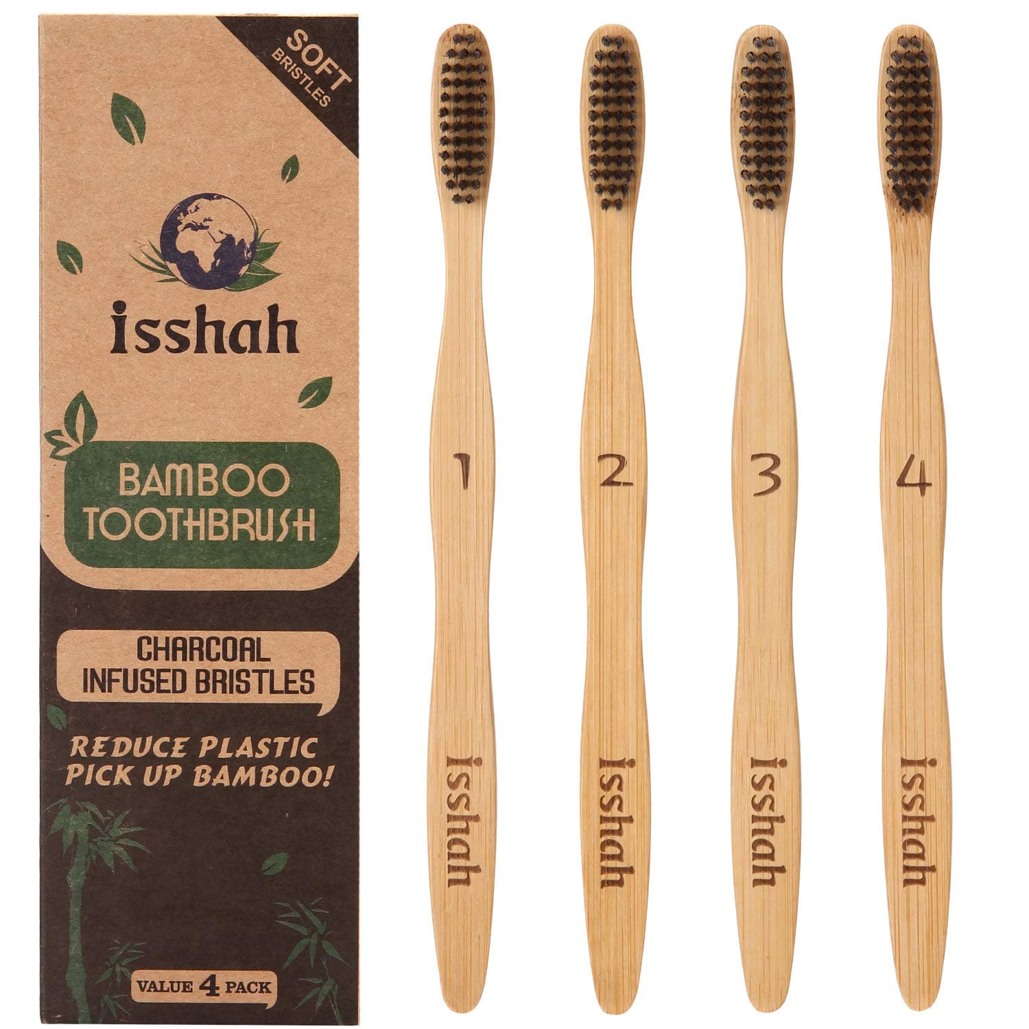 Isshah Biodegradable Organic Charcoal Infused BPA Free Bristles Natural Bamboo Toothbrush, Pack of 4 (Ultra Soft Bristles)