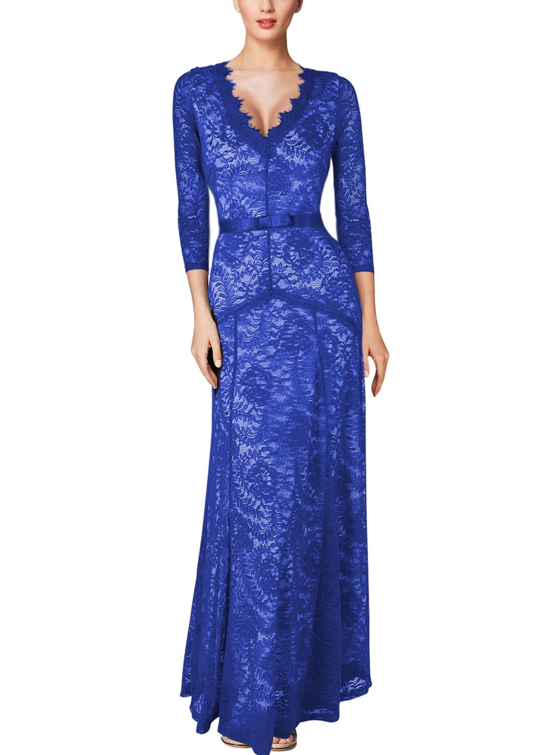 Miusol Women's Floral Lace 2/3 Sleeves Long Bridesmaid Maxi Dress (Small, Blue)