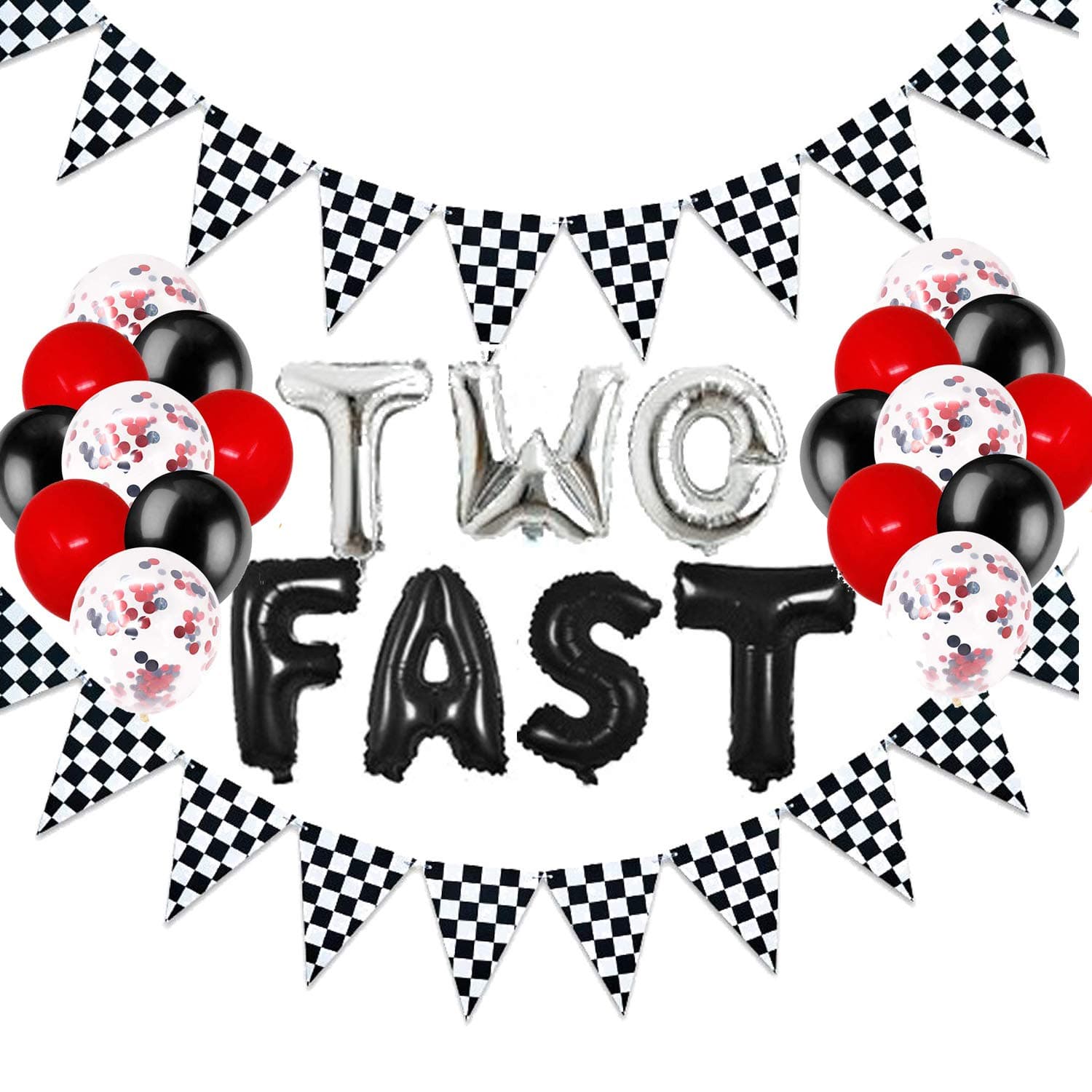 Two Fast Birthday Decorations, Race Car Birthday Decorations, 2nd Second Birthday Party Supplies for Boy Girl Kids, Let’s Go Racing Chequered Checkered Black and White Pennant Banner Flags