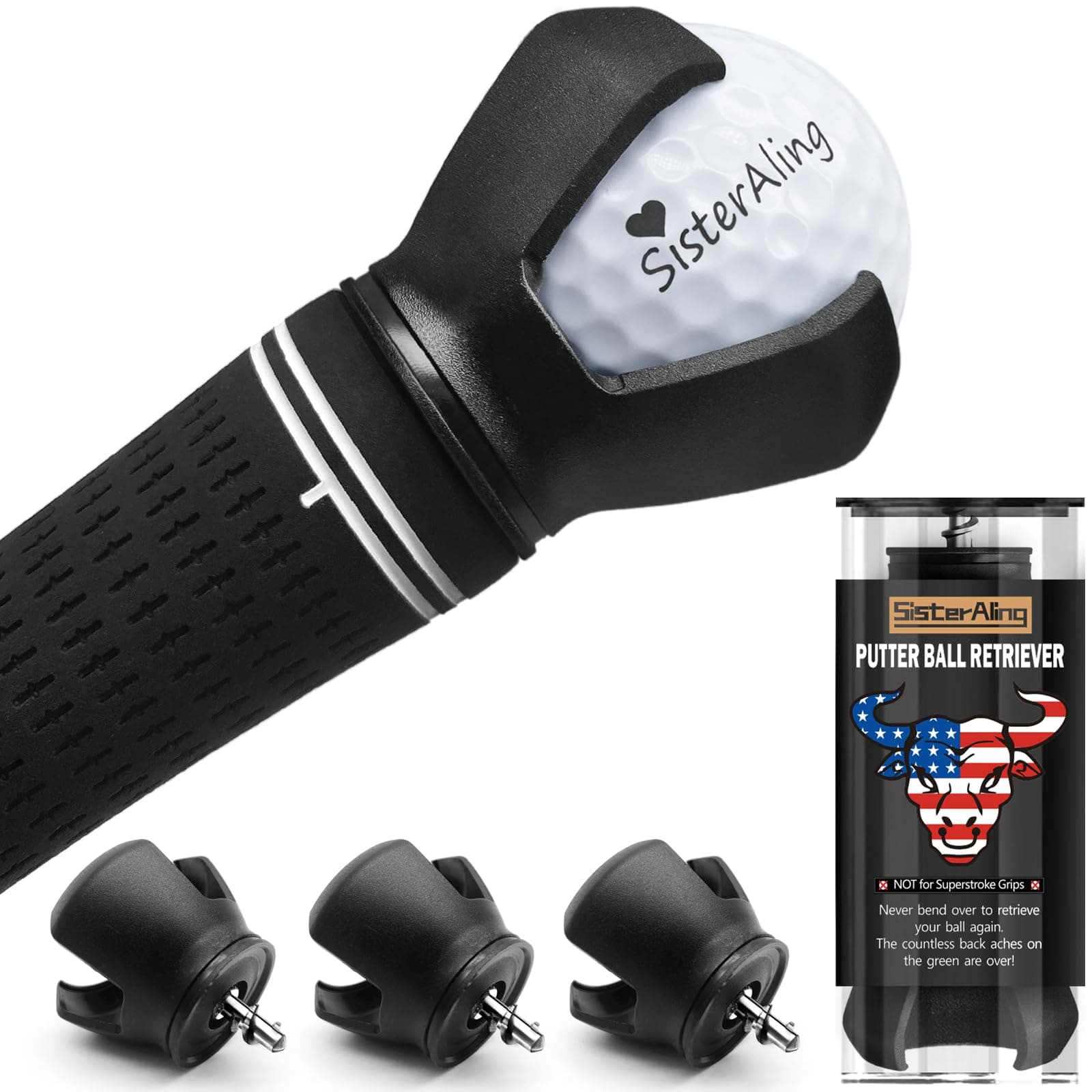 3-Prong Golf Ball Retriever Grabber Pick Up,Back Saver Claw Put On Putter Grip,Suction Cup Ball Grabber,Sucker for Golf Screws Tool