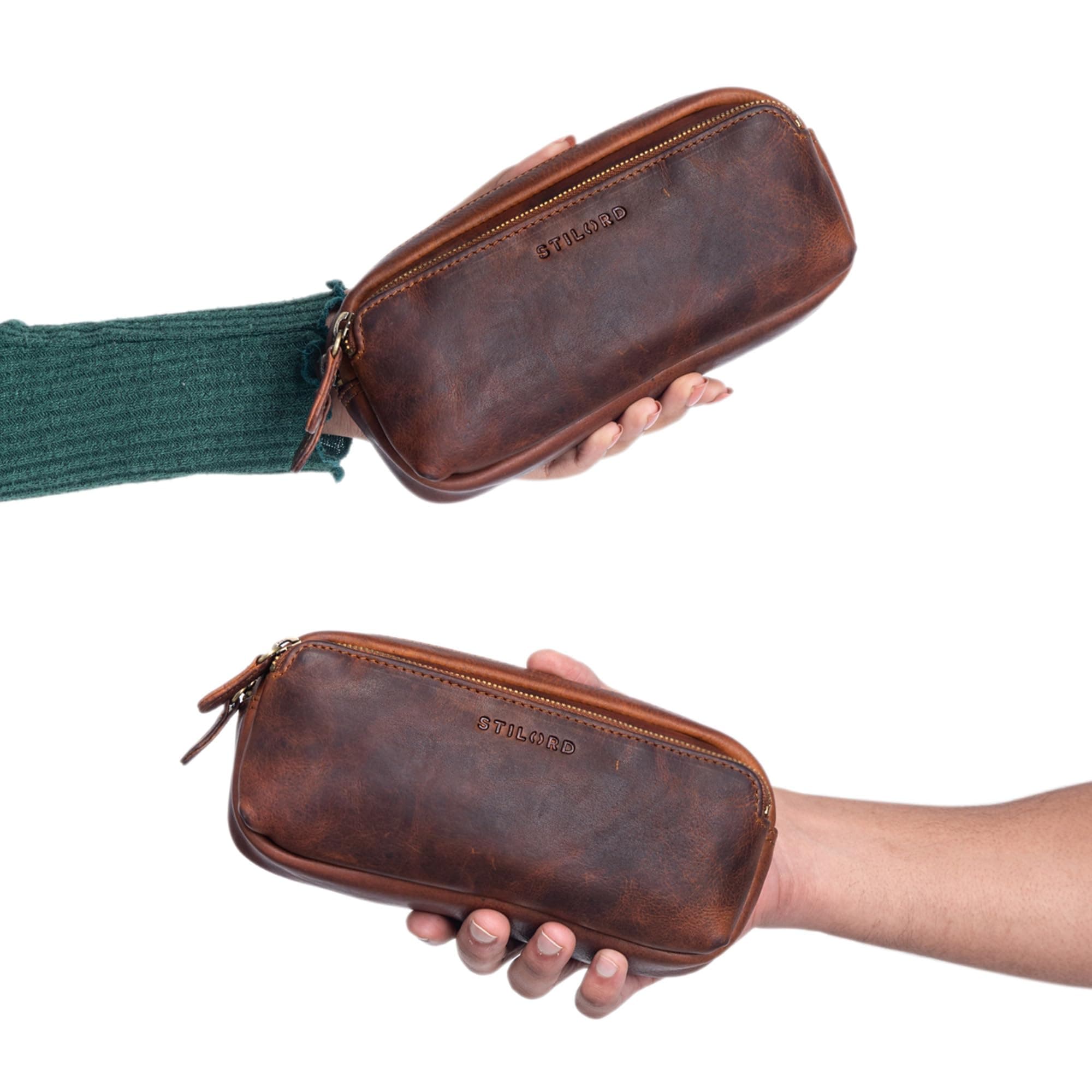 STILORD 'Melissa' Large Pencil Case Vintage Leather Pouch Pen Case Ideal as Bag Organiser Make-Up Bag in Genuine Leather, Colour:Kara - Cognac