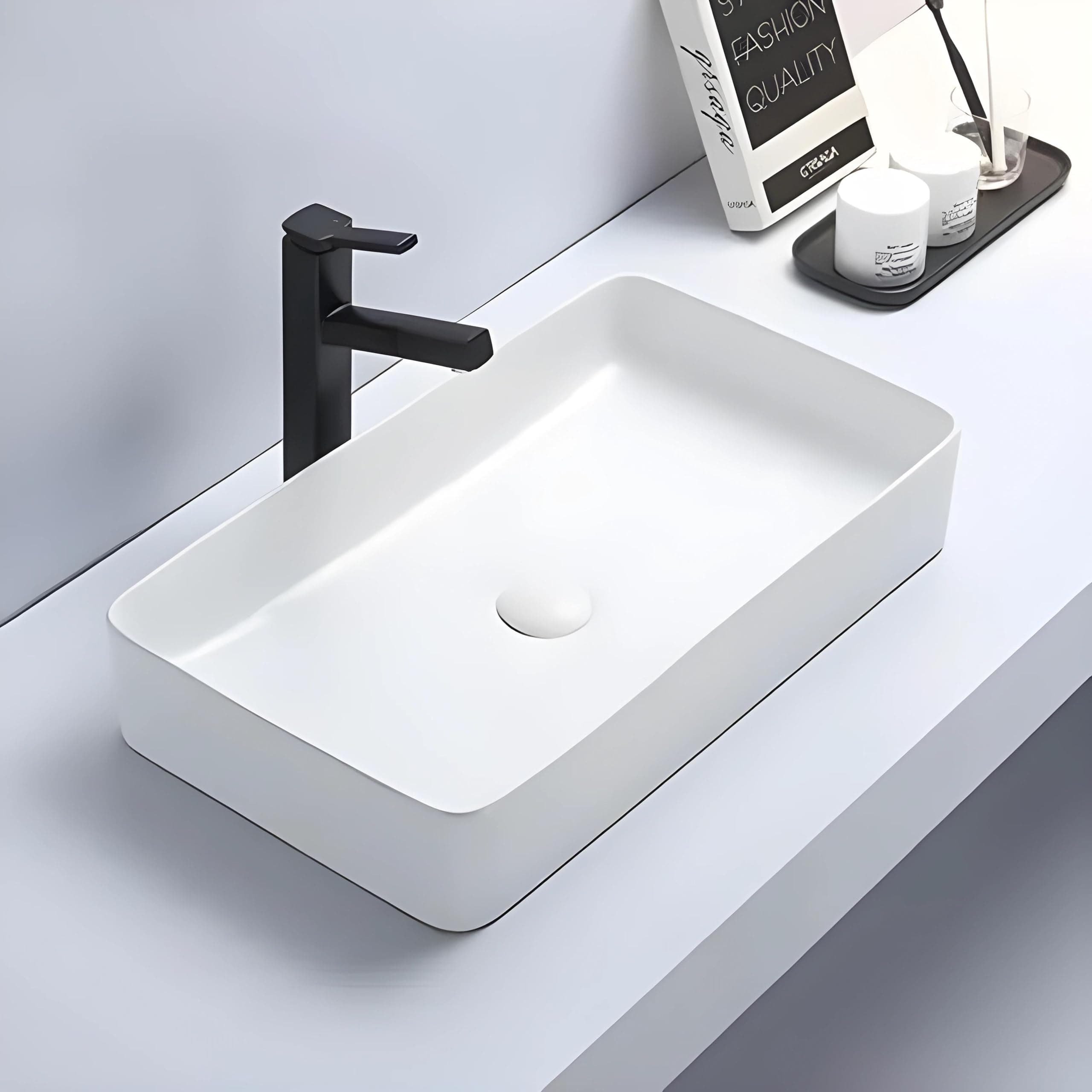 Wash Basin Countertop | Tabletop Ceramic Bathroom Sink | Wash Basin Over Counter | Wash Basin For Bathroom, Resturent, Living Room (Glossy White, 24 x 14 x 5 Inch)
