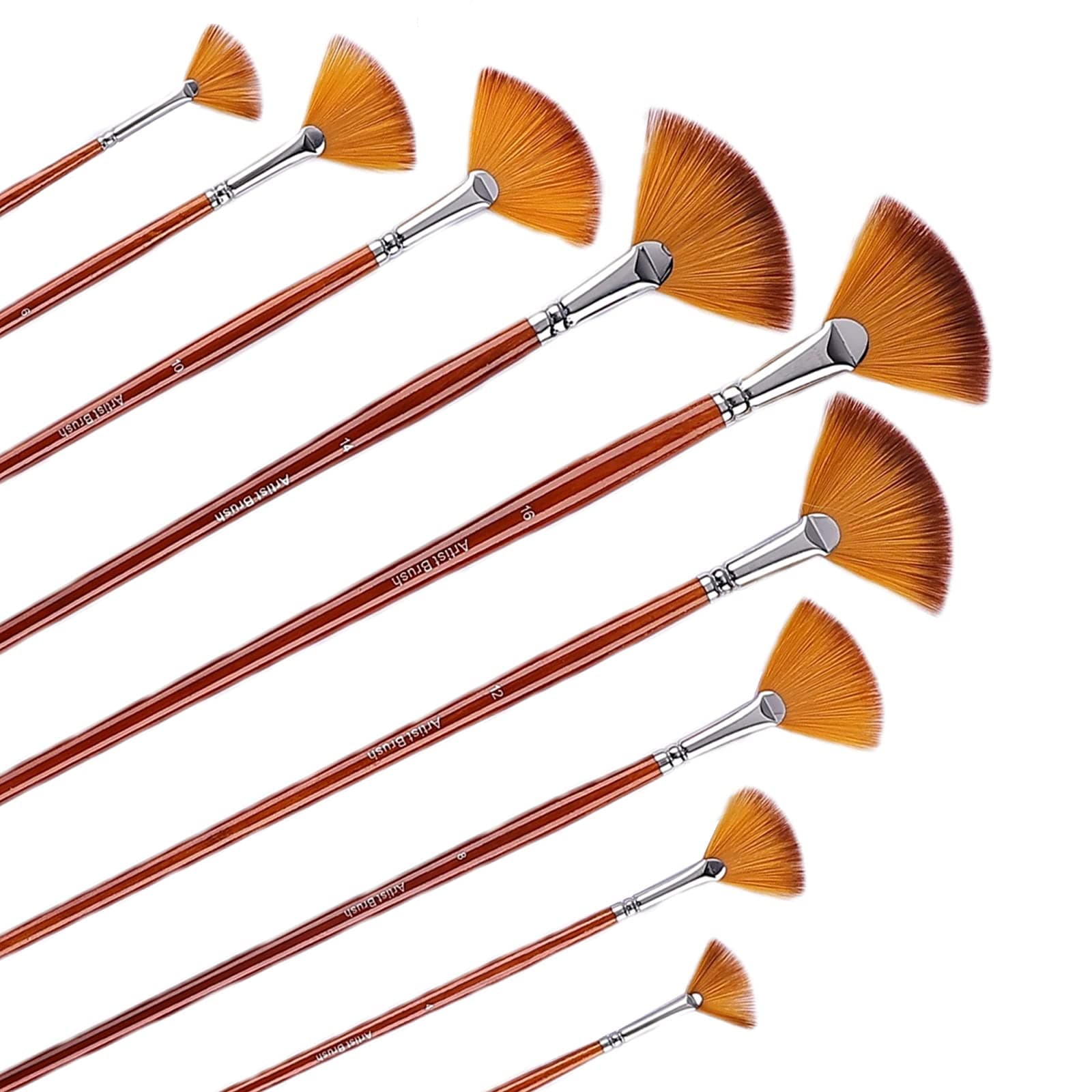 Fan Paint Brush Set of 9 Pcs, Professional Artist Acrylic Watercolor Oil Painting Brushes with Long Wooden Handles, Anti-Shedding Nylon Hair