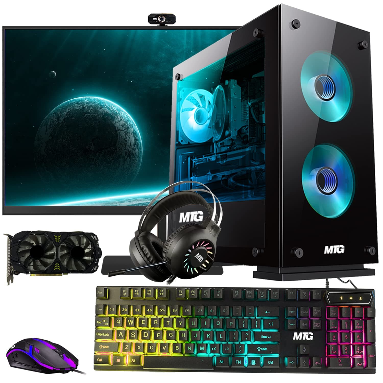 MTG Aurora 4T Gaming Tower PC- Intel Core i7 4th Gen, AMD RX 580 GDDR5 8GB 256bits Graphic, 16GB Ram, 1TB Nvme, New MTG 27 Inch Monitor, RGB Keyboard Mouse, Headphone, Webcam, Windows 11