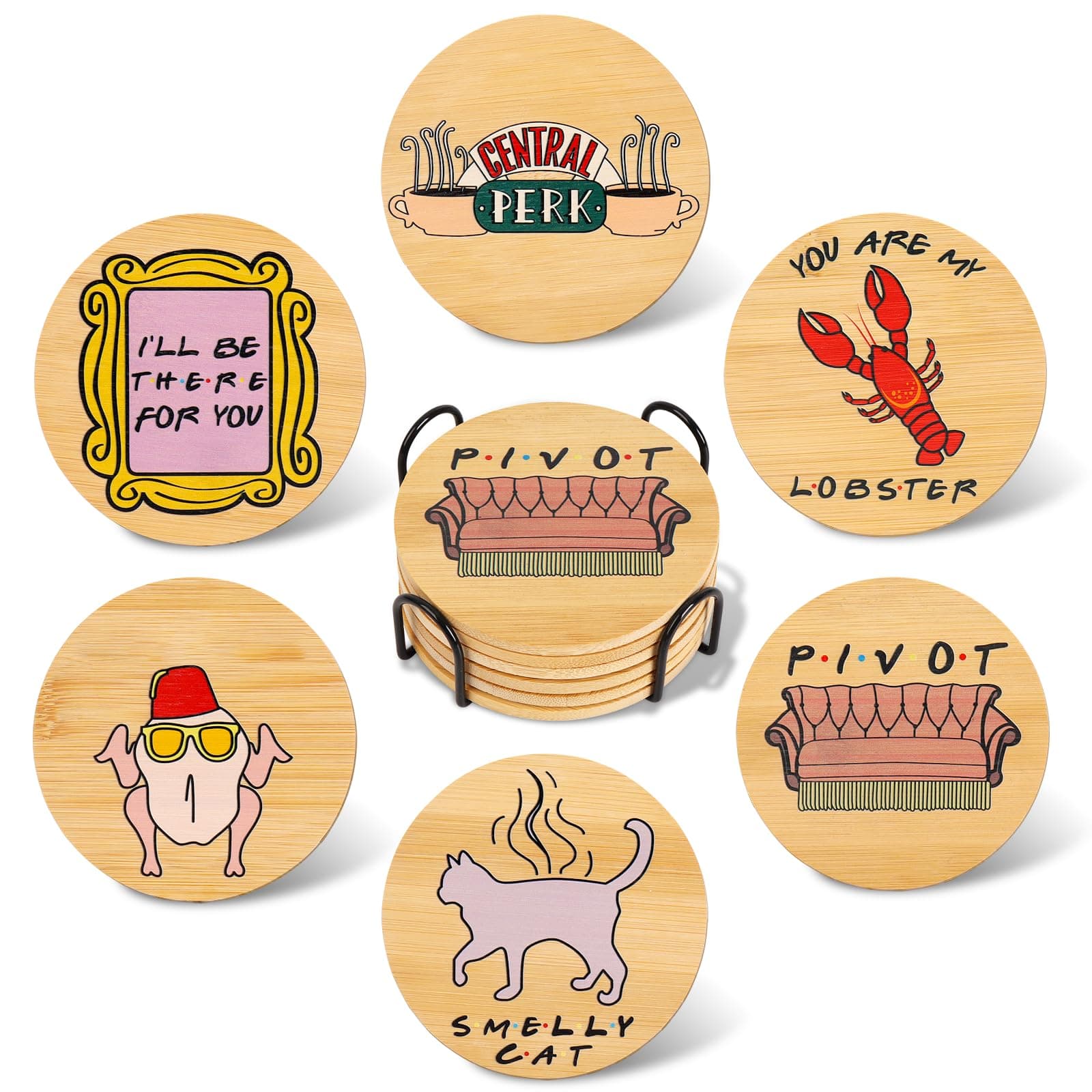 Friends TV Show Merchandise - Friends Coasters Set of 6,Friend TV Show Gifts for Women,Wooden Drink Coasters with Holder,Friend Christmas Decor