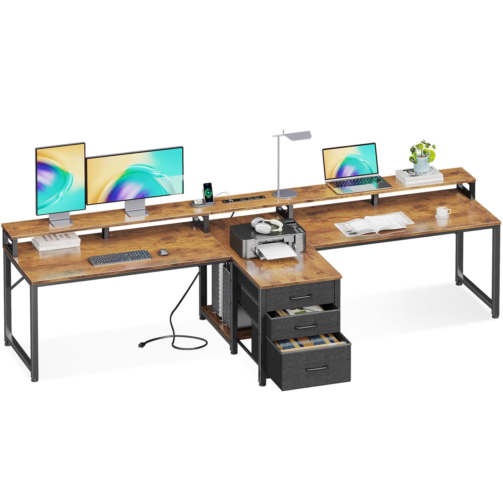Coleshome 94" Two Person Computer Desk with Power Outlet & USB Ports, Extra Long Home Office Desk with Fabric Drawers, File Cabinet & Monitor Stand, Vintage Brown