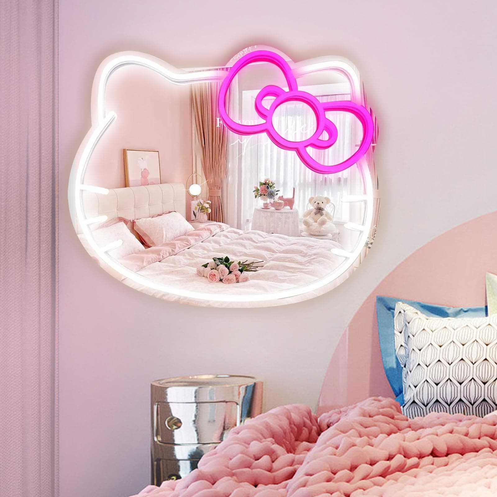 Anime Hello Kit Mirror with Light Neon Signs for Wall Decor, Neon Mirror with Dimmable for Teen Girl Gifts ,Wall Mirror neon Sign Room Decor