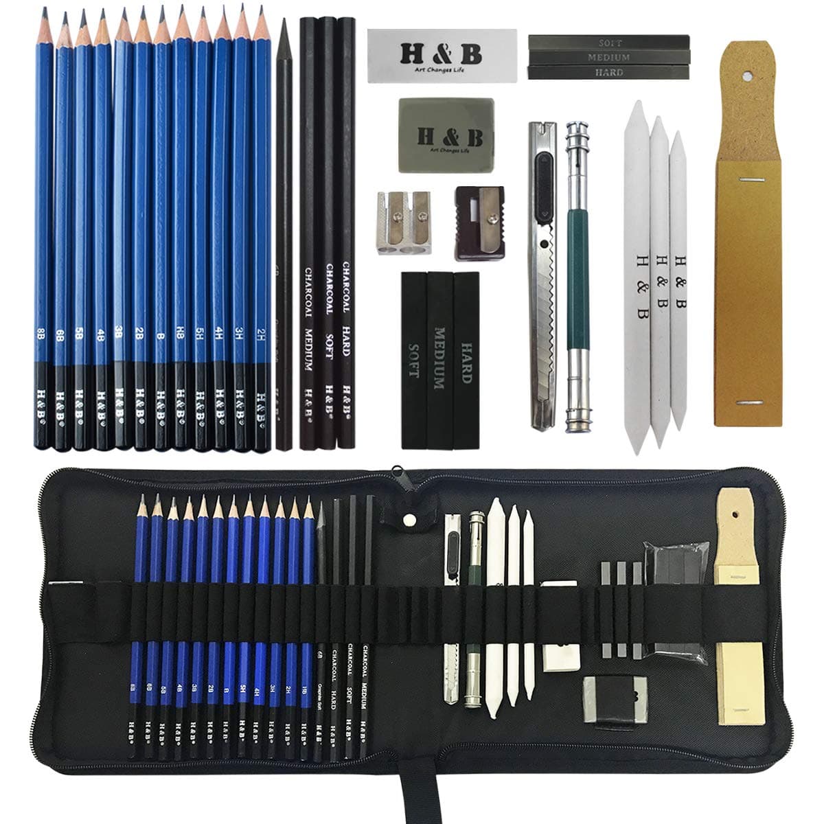 Drawing Sketching Pencil Set, KidsPark 33 pcs Art Kit with Sketch Pencils Graphite Charcoal Pencil Eraser Paper Pens Sharpener Pencil Extender in Pencil Case for Artist Beginners Kids Adults