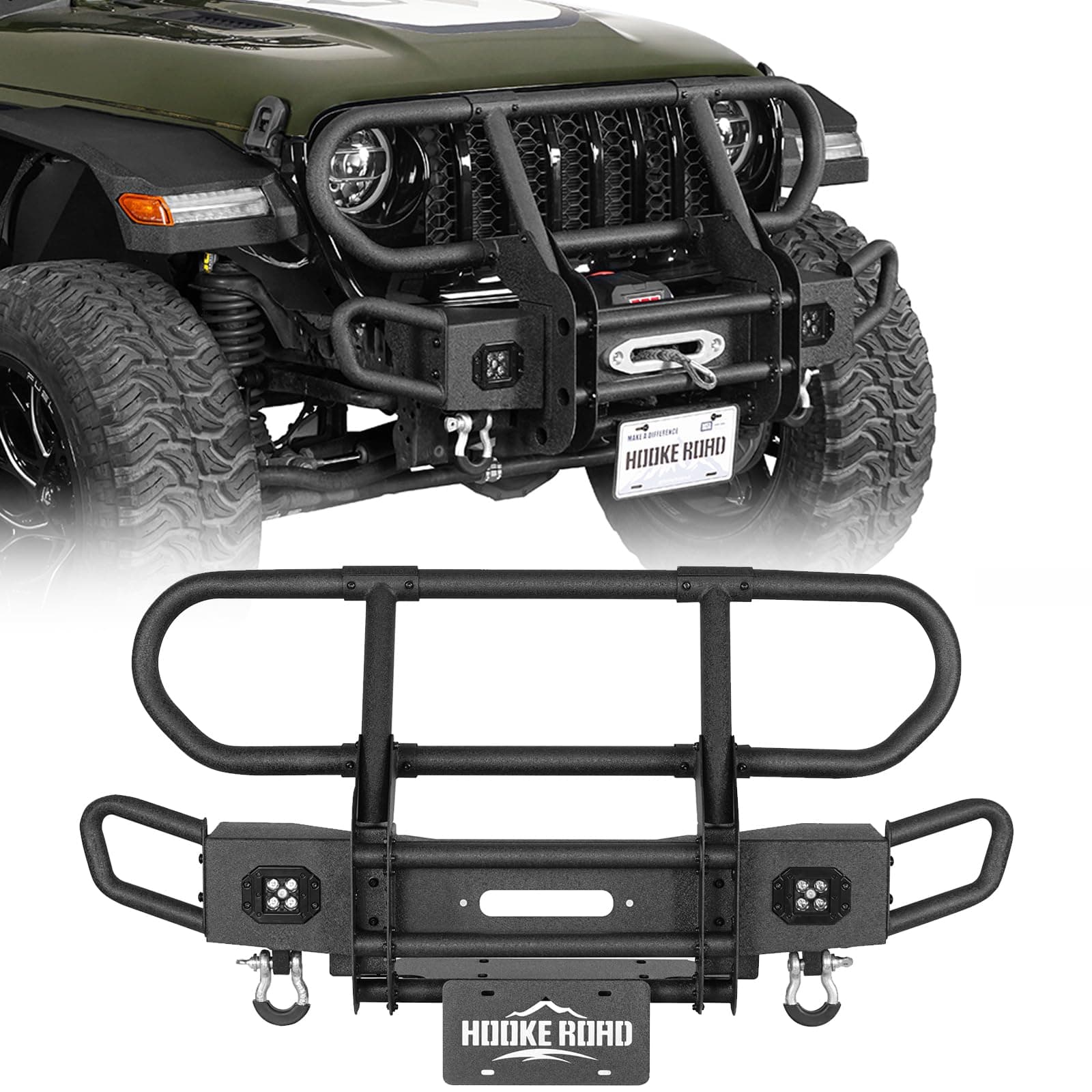 Hooke Road Front Bumper Grille Brush Guard for 2018-2026 Jeep Wrangler JL & Gladiator JT, Stubby Tube Bumper with Winch Plate, Bright Lights and D-rings