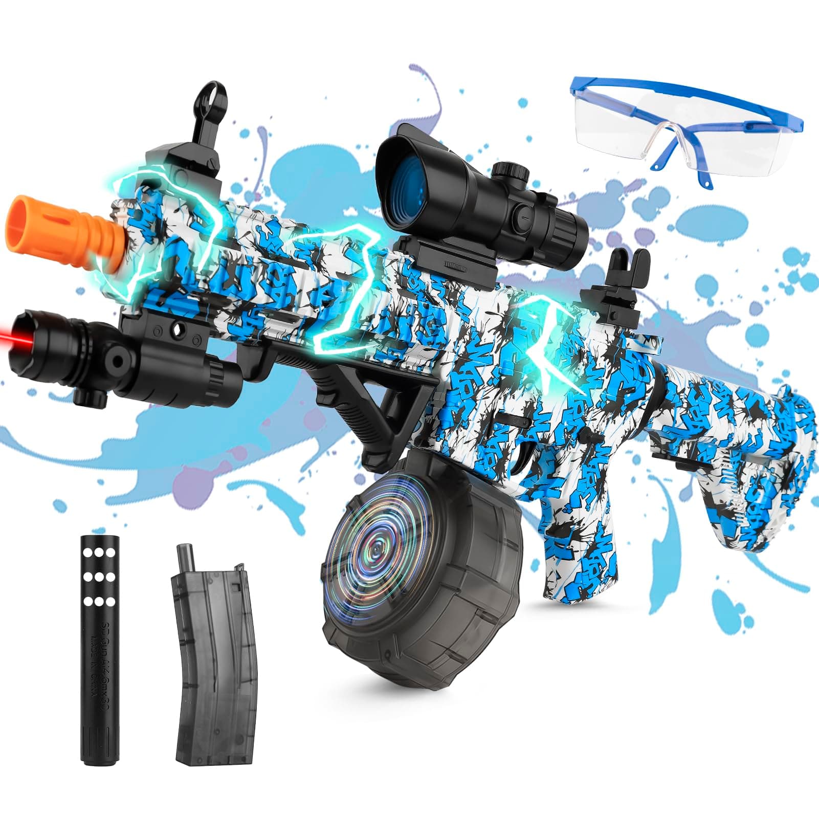 Large Gel Ball Blaster with Drum & Mag, Automatic and Manual Splatter Blaster with 40000 Gel Rounds, Electric Splat Blaster and Goggles for Outdoor Activities (Blue)