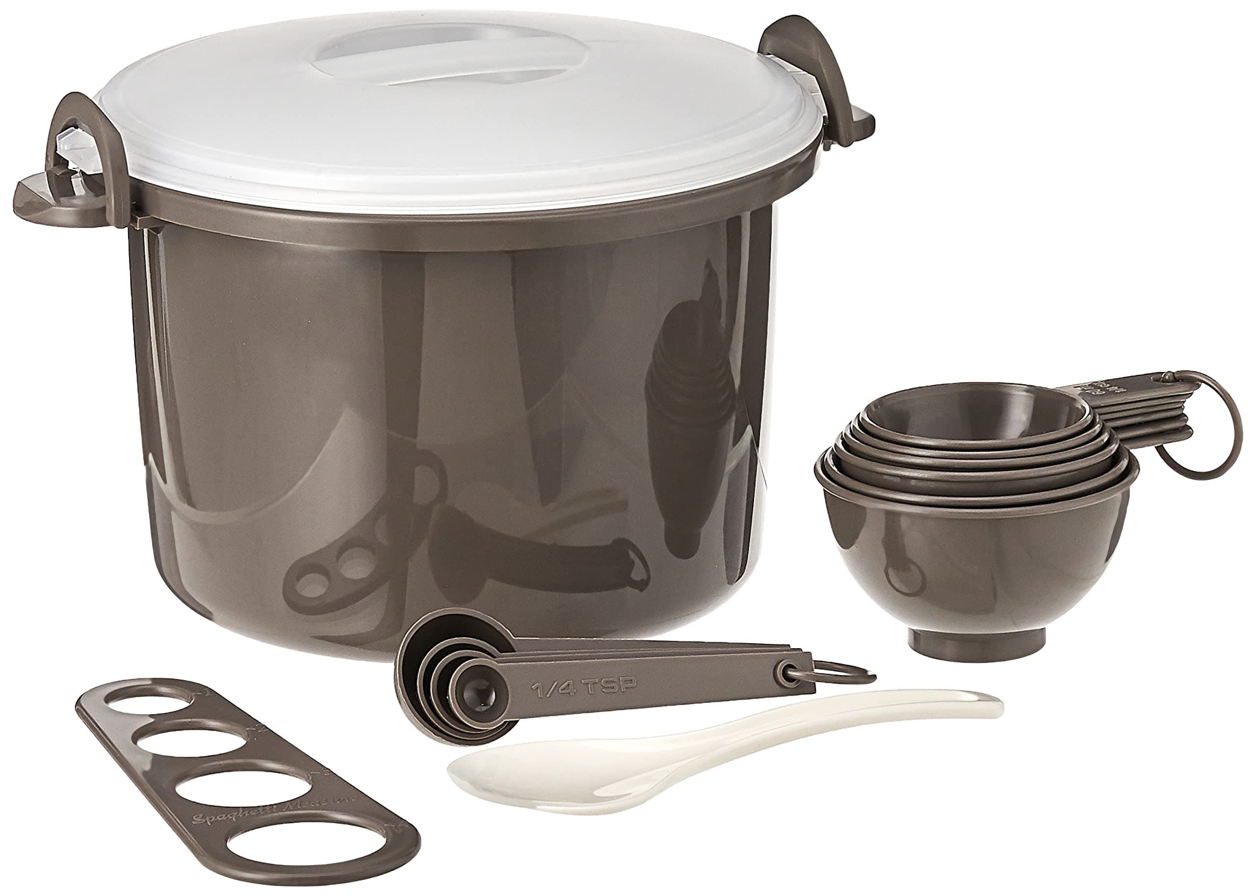 Prep Solutions by Progressive Microwaveable Rice and Pasta Cooker-17 Piece Set Includes Measuring Spoons and Cups, Rice Paddle, Steaming Insert, Pasta Measurer and Locking Lid-12 Cup Capacity BPA FREE, Gray