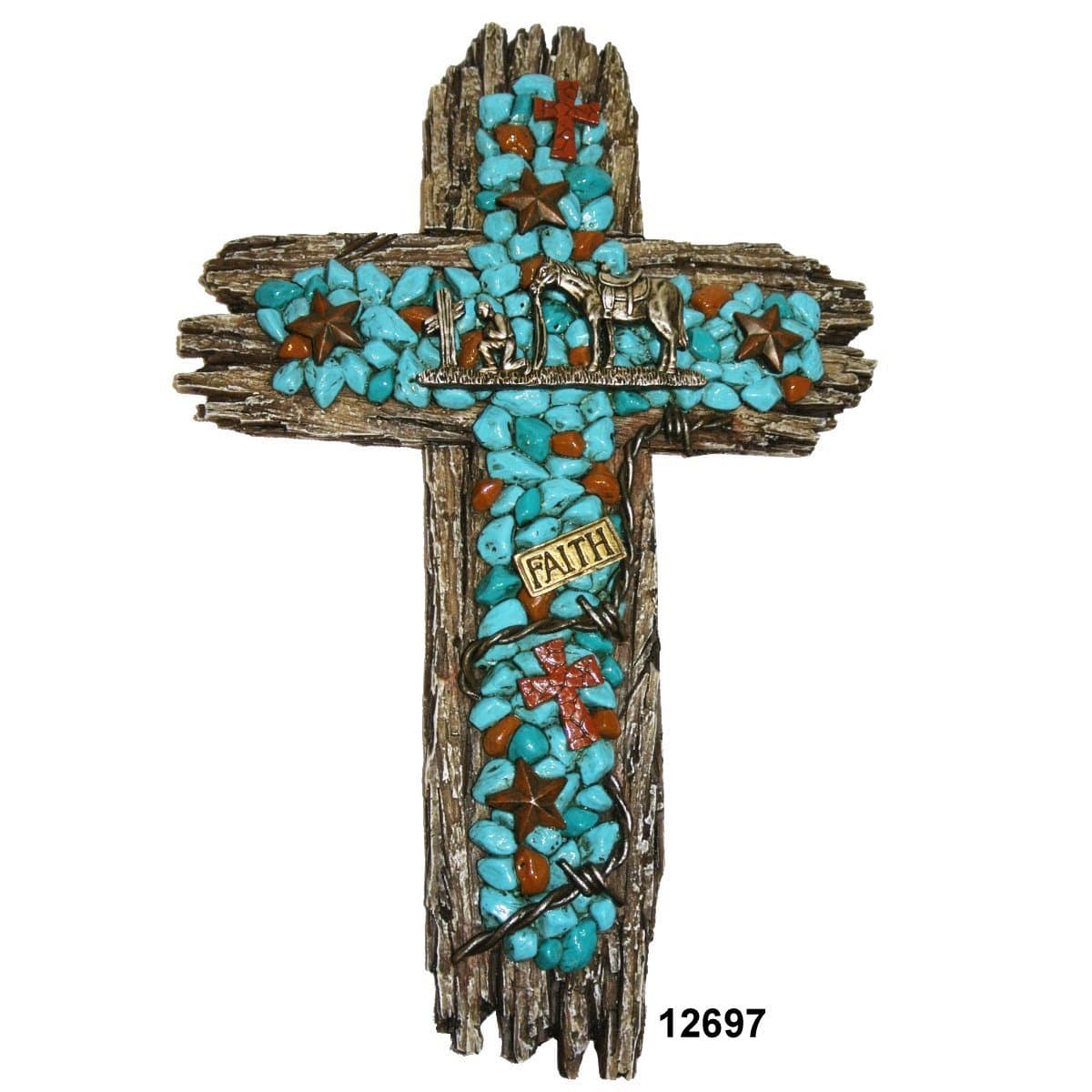 Praying Cowboy and Horse Decorative Wall Cross - Intricate Details Faux Turquoise Stones, Barbwire and Rustic Barnwood