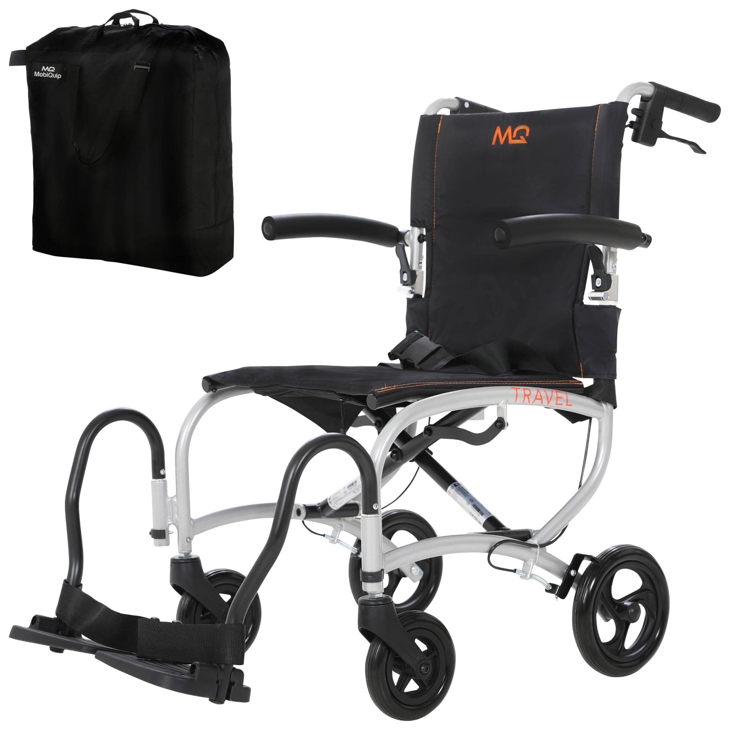 MobiQuip Lightweight Travel Wheelchair, 8kg - Silver Aluminium Compact Folding Frame with Travel Bag - Attendant-Propelled Mobility Wheelchair - with Flip-Up Armrests, Adjustable Leg Rests & Lap Belt