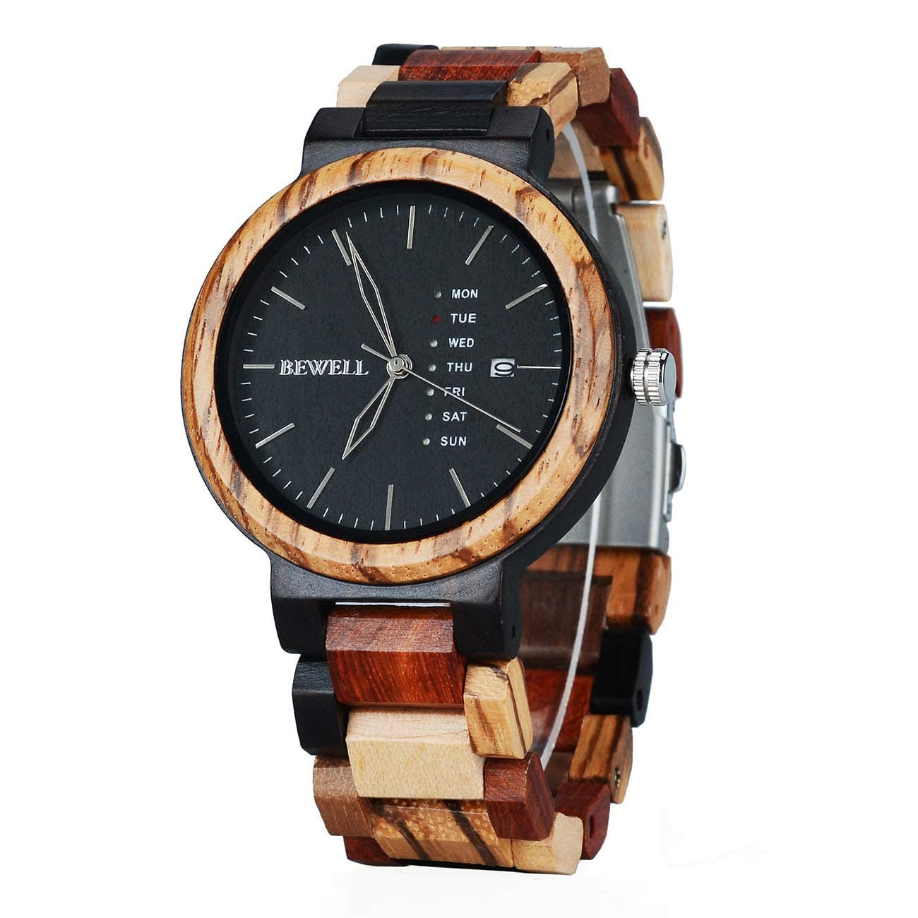 BEWELL Men Colorful Wood Watches Multifunction Week & Date Quartz Mix Wooden Wrist Watch Lightweight