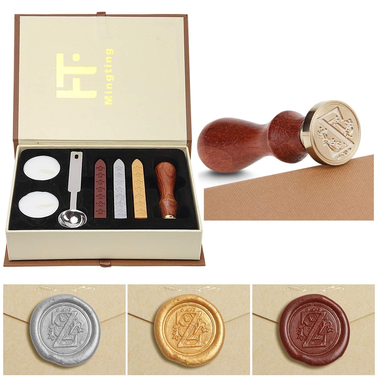 Mingting Wax Seal Stamp Kit,Mingting Classical Old-Fashioned Antique Wax Stamp Seal Kit Initial Letters Alphabet Set Gift Box with Vintage Wooden Handle and Brass Color Head(Z)