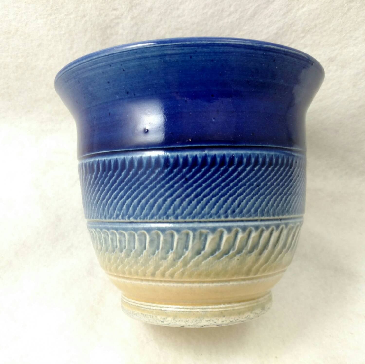 Cobalt Blue and Beige hand - thrown small Pottery Vase with Texture
