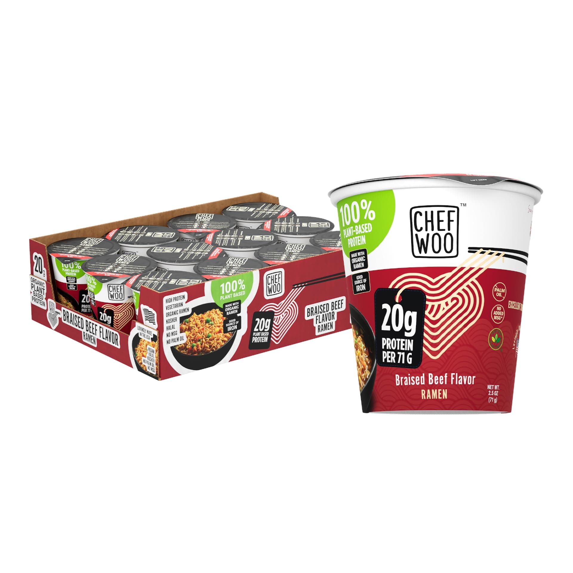 CHEF WOO Braised Beef Ramen Cup High Protein Noodles (Pack of 12), 20g Animal-Free, Bioavailable Protein, Made in USA