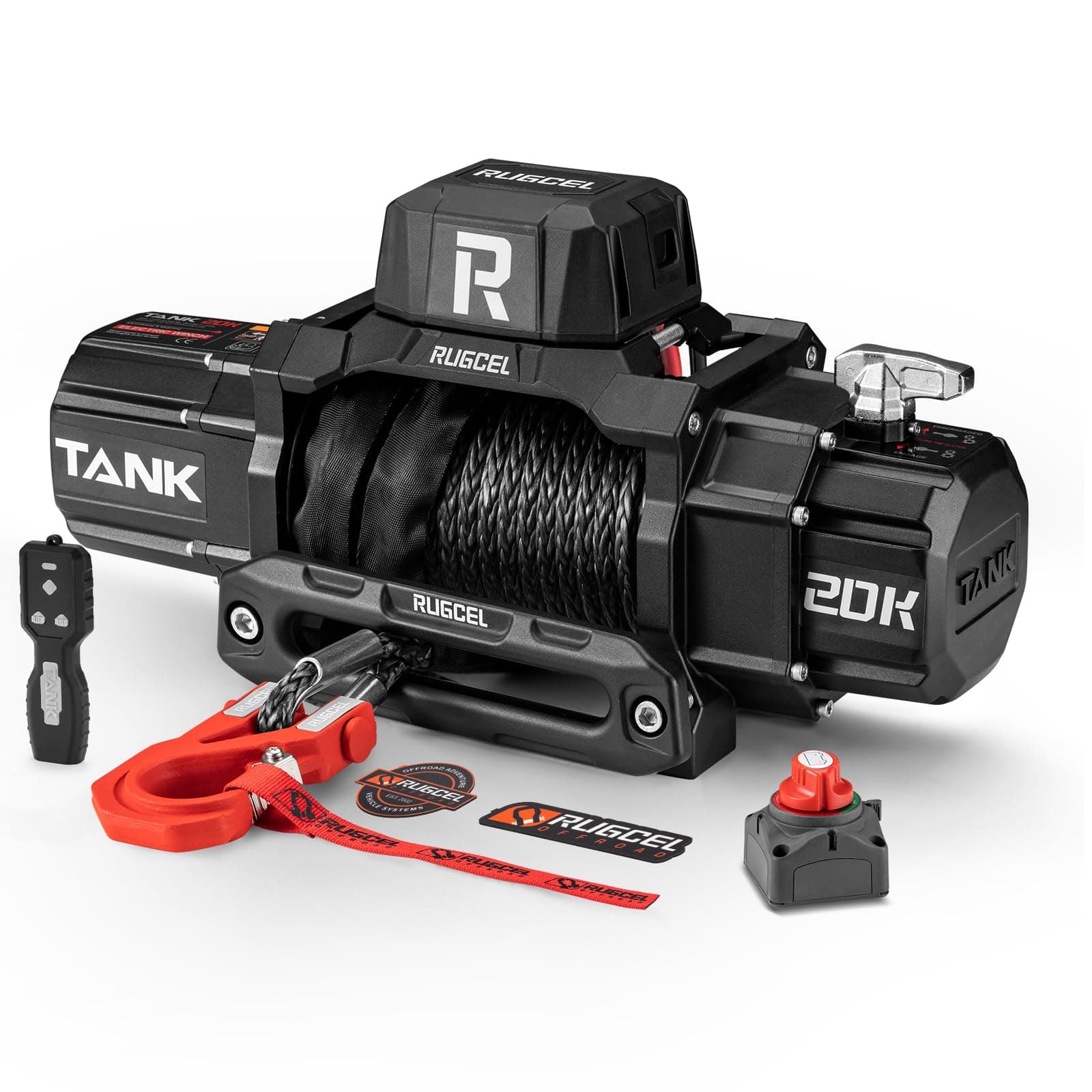 RUGCEL WINCH 20000lb 12V Heavy Duty Truck Winch Waterproof Electric Synthetic Rope Winch,Black Rope,2 in 1 Wireless Remote Control, for Truck SUV, Recreational Vehicle,Tank Series.
