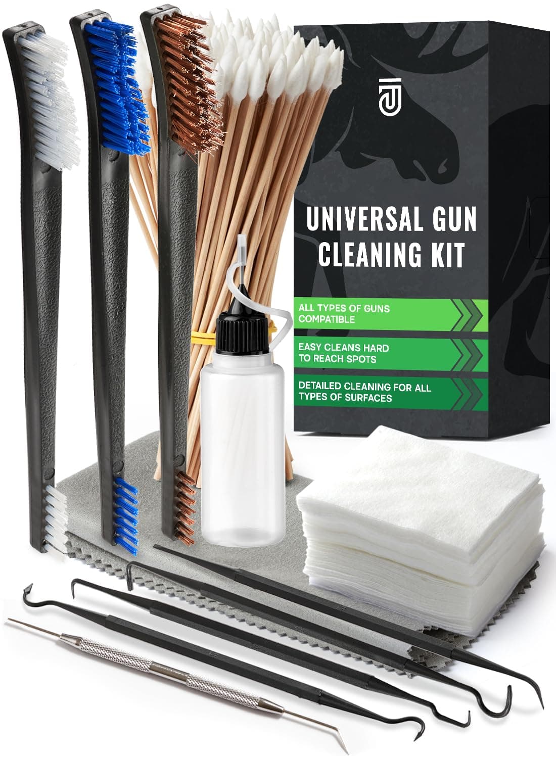 Gun Cleaning Kit Complete - 3" Gun Cleaning Patches 9mm / 5.56 / 12ga, Double Head Brushes, 6-inch Swabs, Picks, Precision Gun Oil Applicator, Finishing Cloth - Lint Free And Highly Absorbent Supplies
