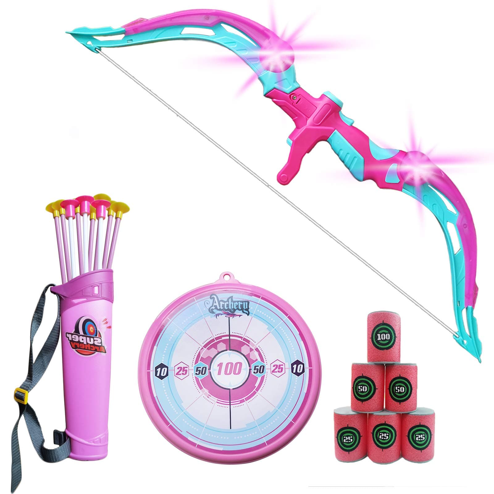 Bow and Arrow for Kids with LED Flash Lights - Archery Bow with 10 Suction Cups Arrows, 6 Foam Targets, Quiver and Target, Gifts for 4-12 Year Old Girls, Pink